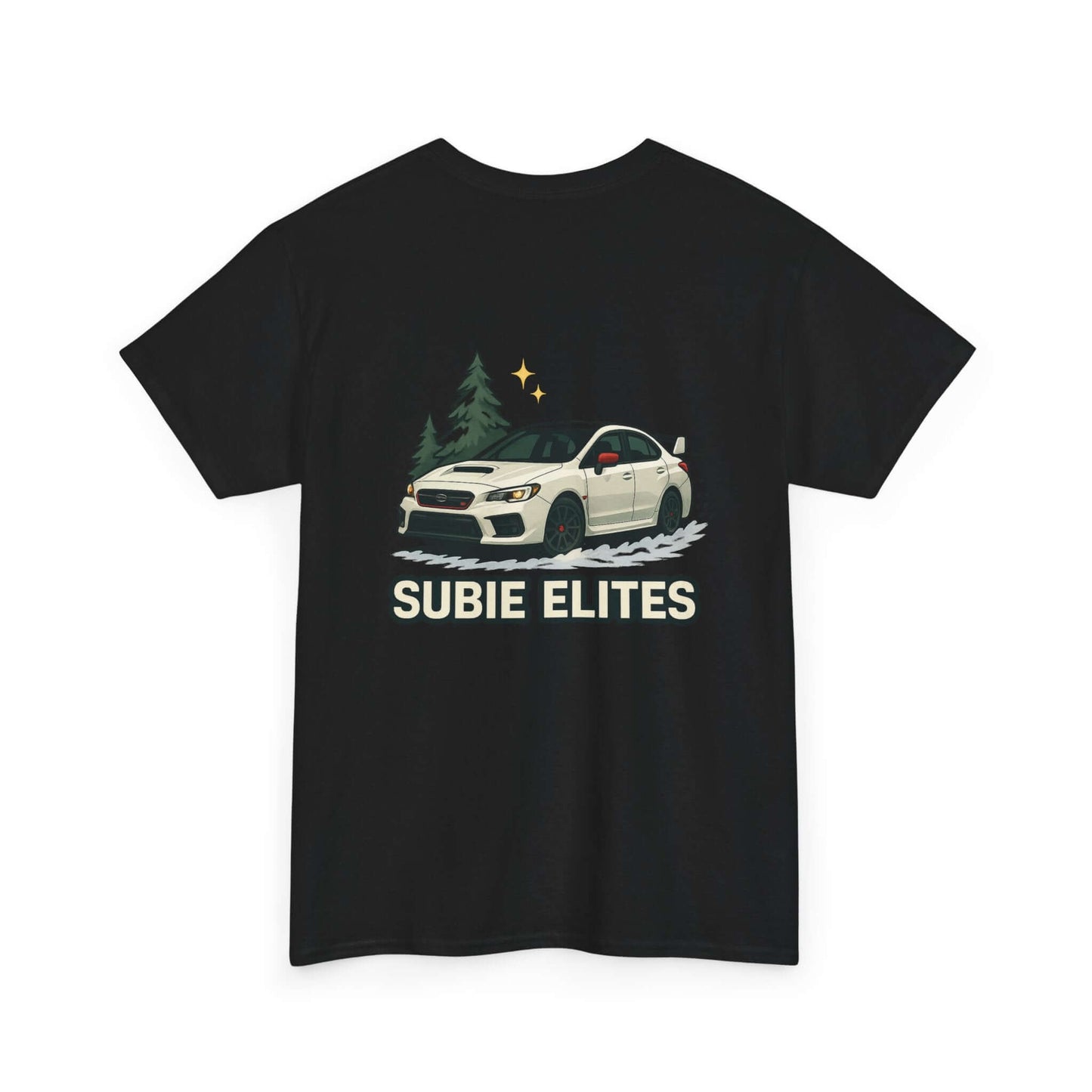 Subie Elites T-Shirt —WRX/STI Car Club Graphic Tee featuring a Subaru and pine trees design on back.