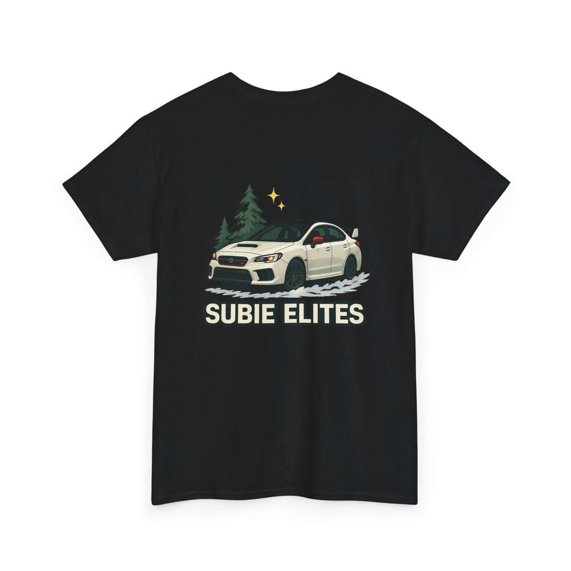 Subie Elites T-Shirt —WRX/STI Car Club Graphic Tee featuring a Subaru and pine trees design on back.