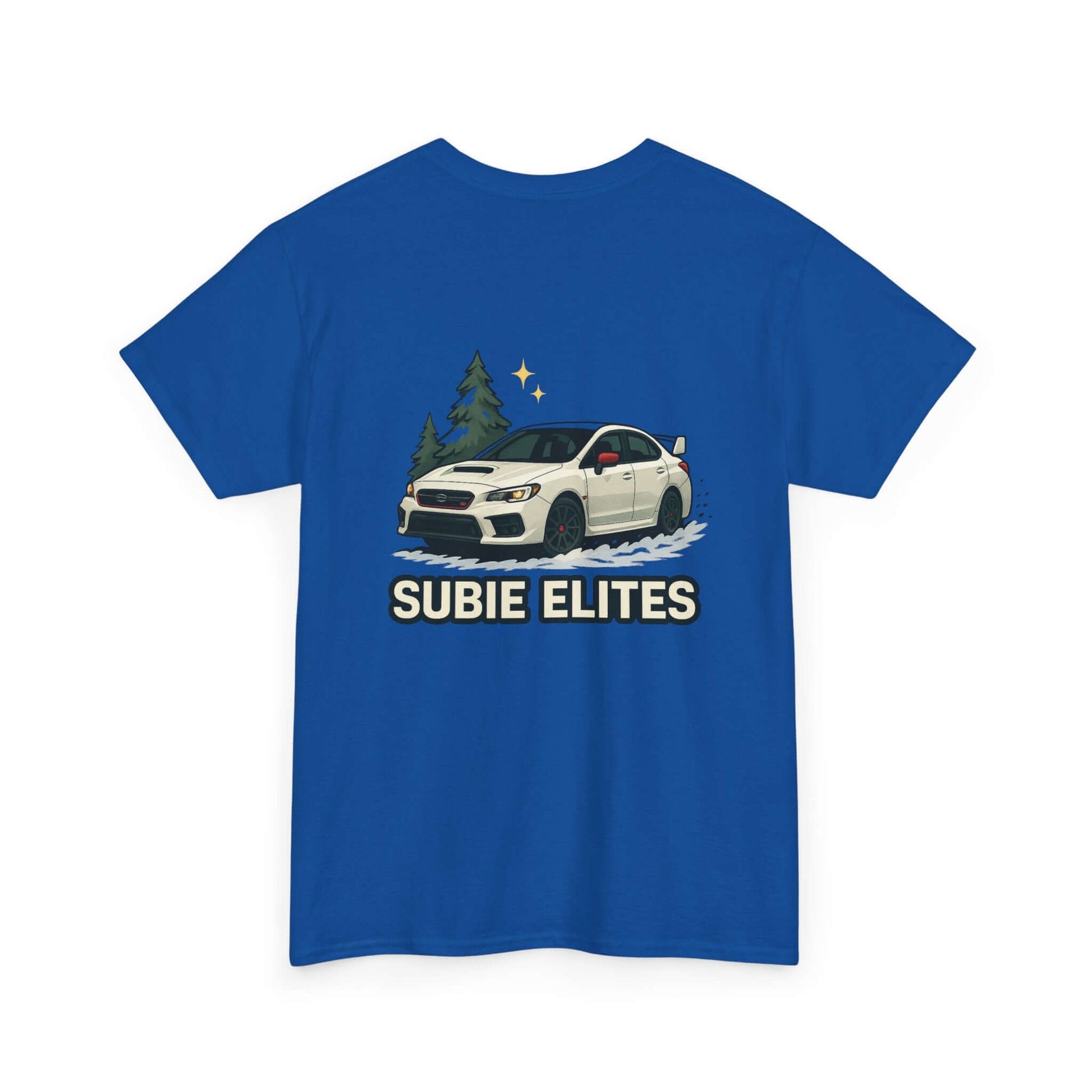 Subie Elites T-Shirt —WRX/STI  Car Club Graphic Tee featuring a Subaru parked under pine silhouettes.