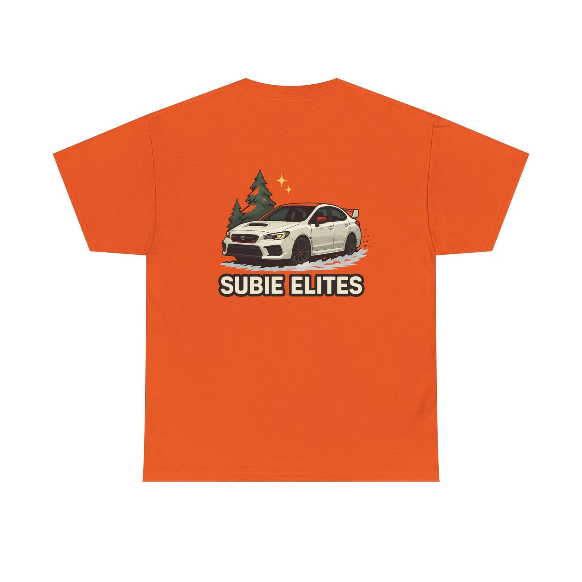 Subie Elites T-Shirt —WRX/STI Car Club Graphic Tee featuring a Subaru and trees on an orange back.