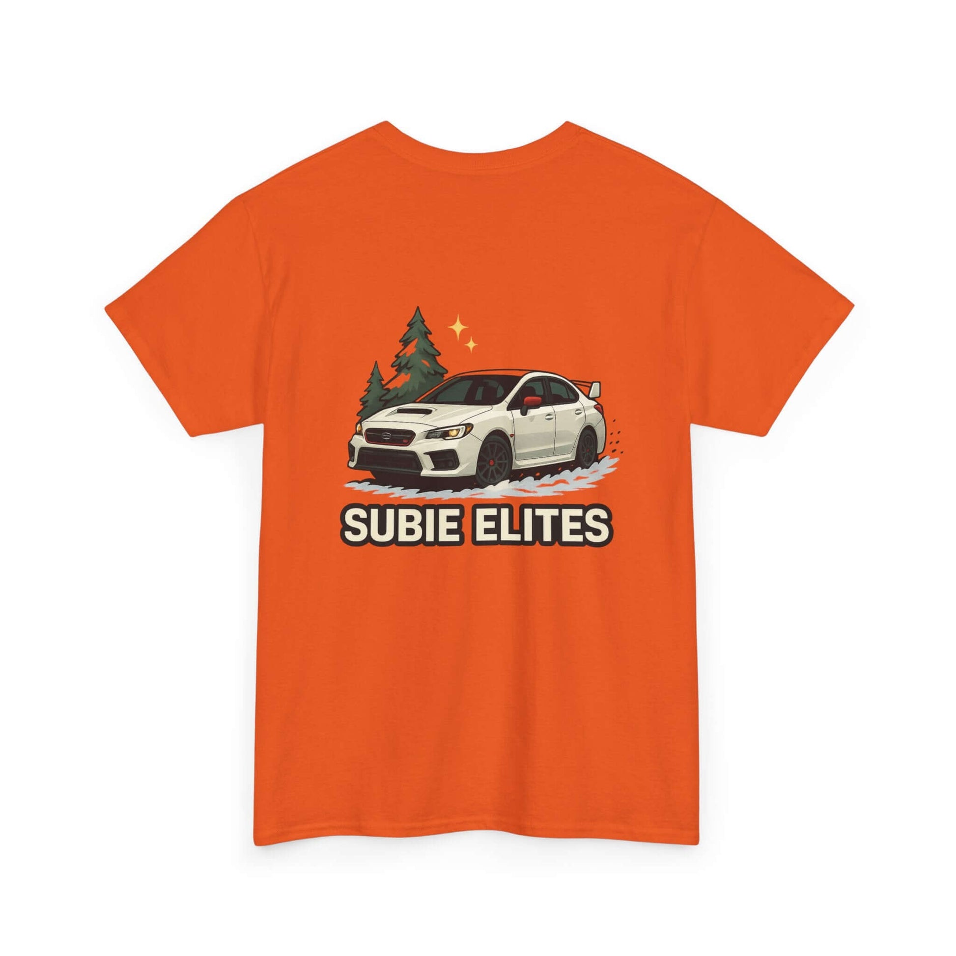 Subie Elites T-Shirt —WRX/STI Car Club Graphic Tee featuring a Subaru parked with trees in the background on an orange tee.