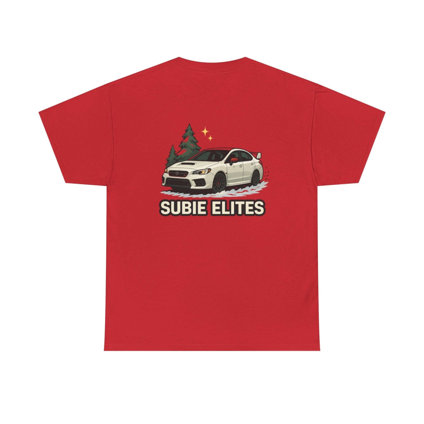 Subie Elites T-Shirt —WRX/STI Car Club Graphic Tee featuring a Subaru design on a red background.