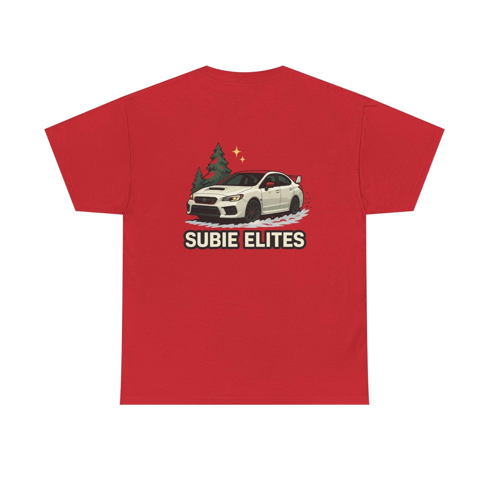 Subie Elites T-Shirt —WRX/STI Car Club Graphic Tee featuring a Subaru design on a red background.