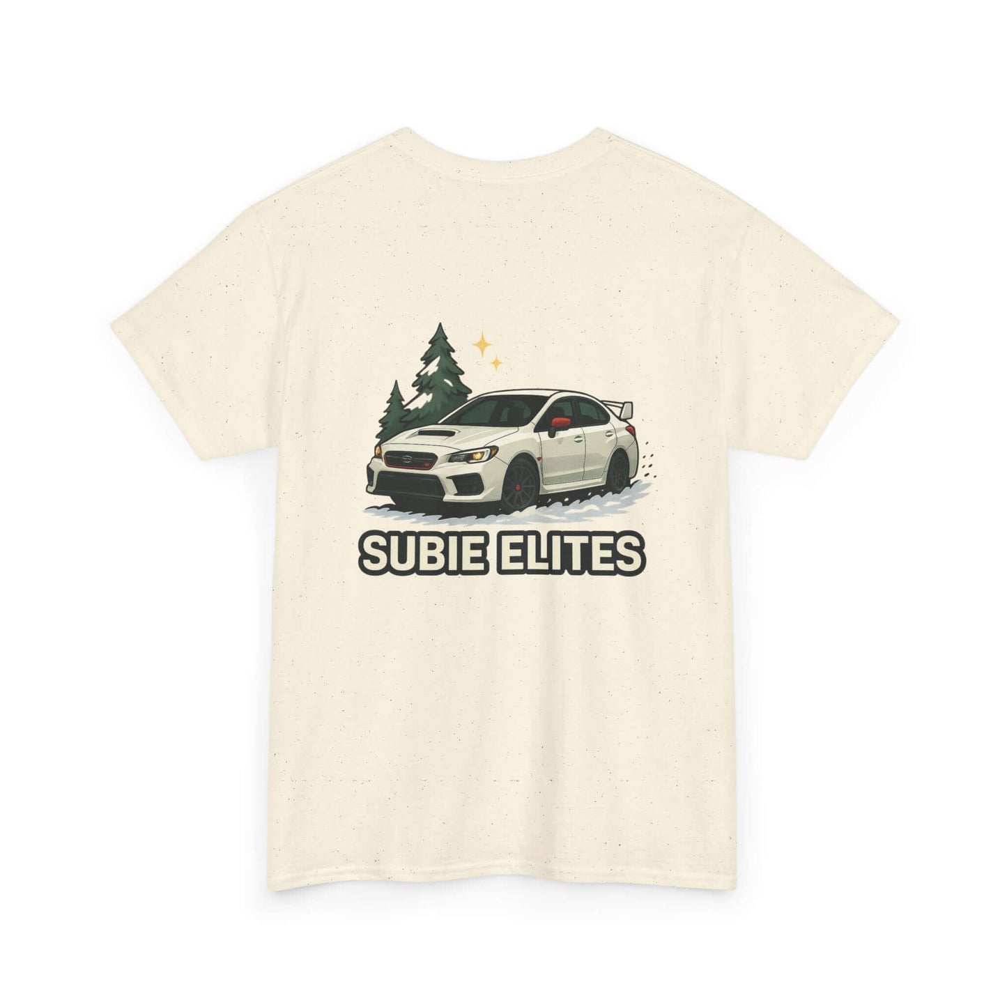 Subie Elites T-Shirt —WRX/STI Car Club Graphic Tee featuring a Subaru and pine trees on the back design.