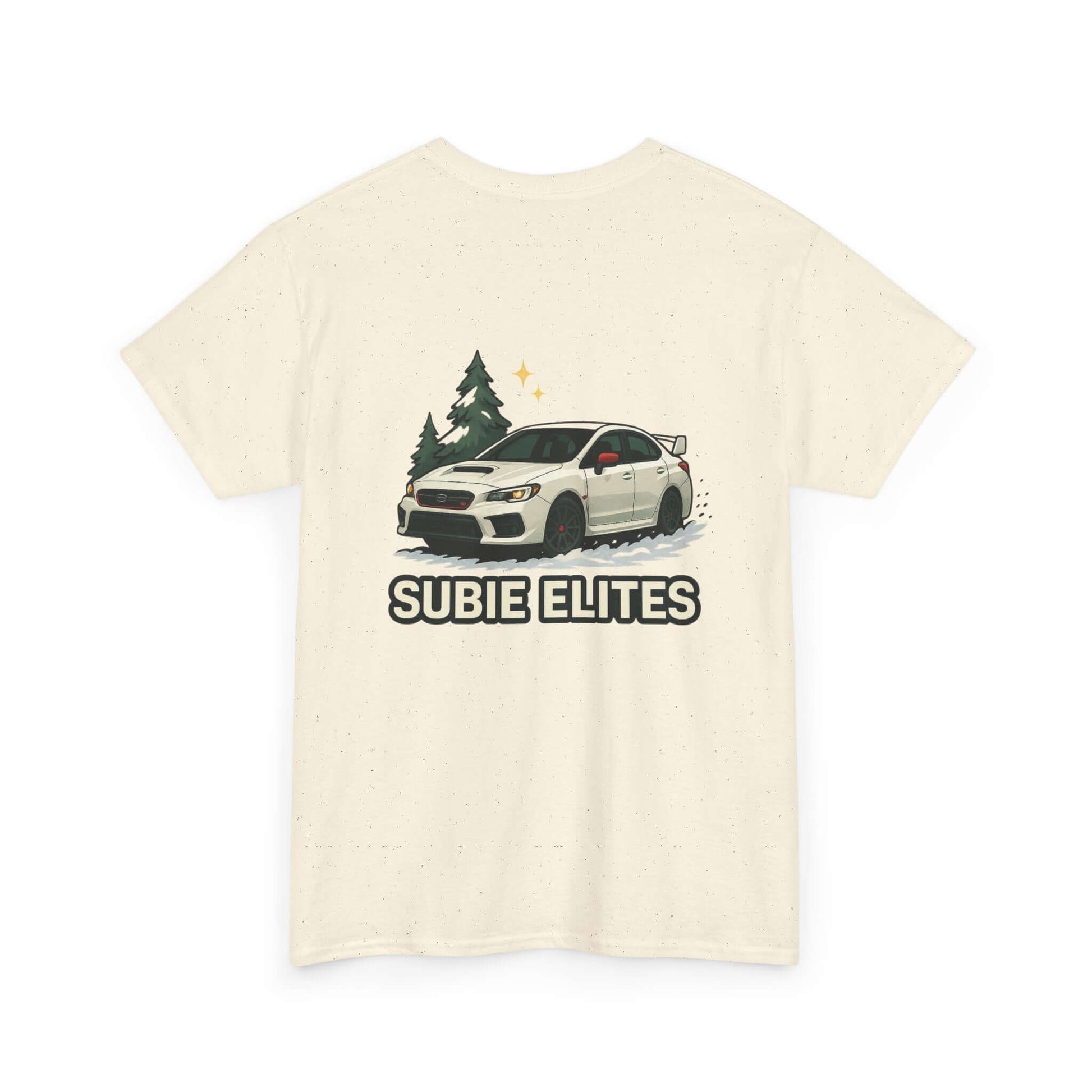 Subie Elites T-Shirt —WRX/STI Car Club Graphic Tee featuring a Subaru and pine trees on the back design.