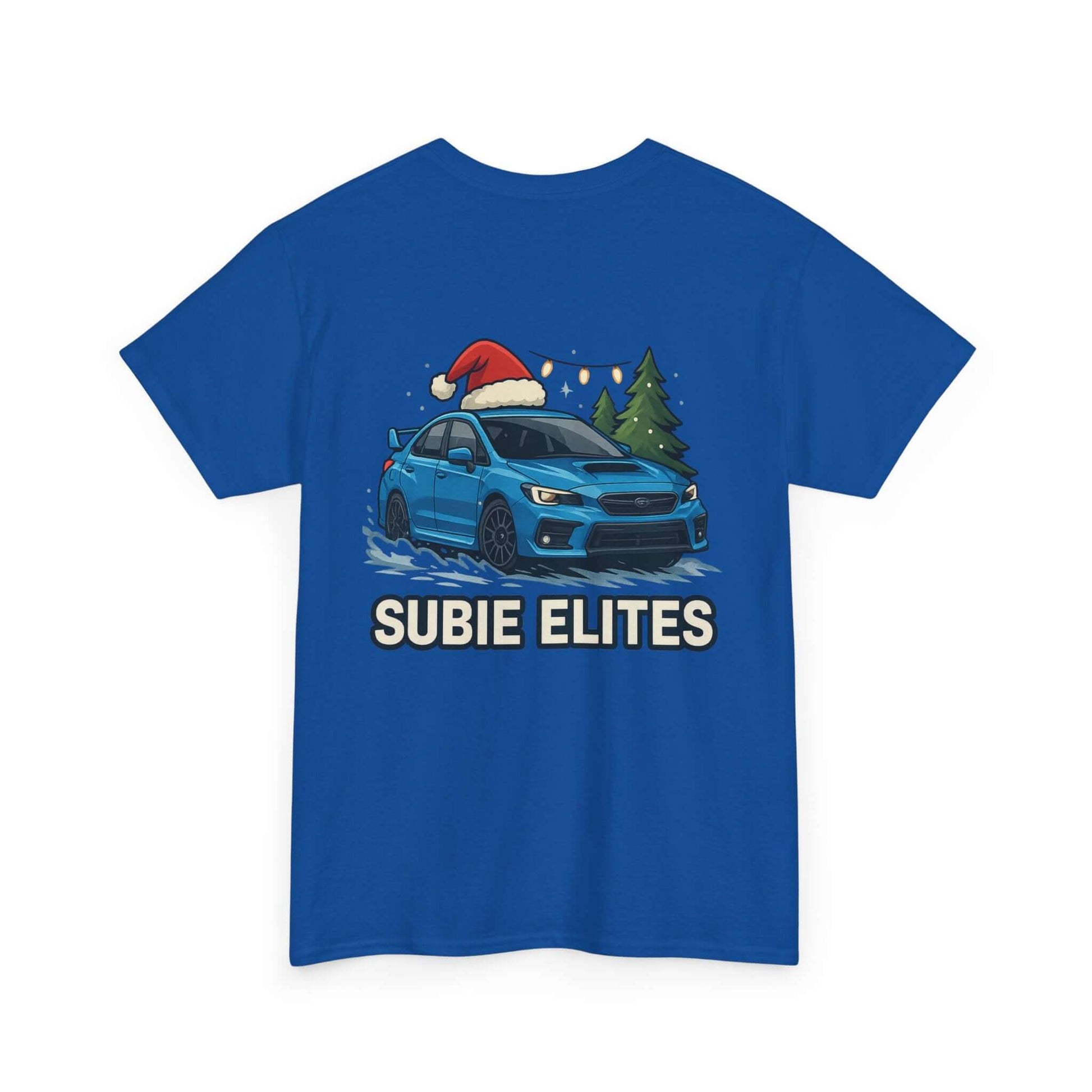 Subie Elites Holiday Car Tee — Blue Subaru Christmas Graphic Shirt