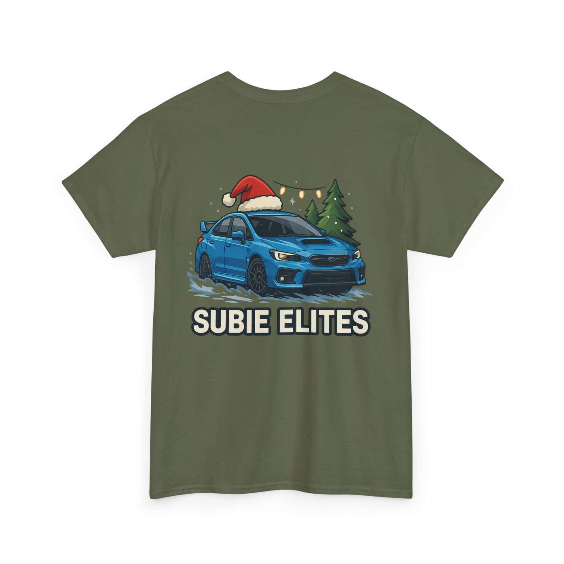 Subie Elites Holiday Car Tee — Blue Subaru Christmas Graphic Shirt
