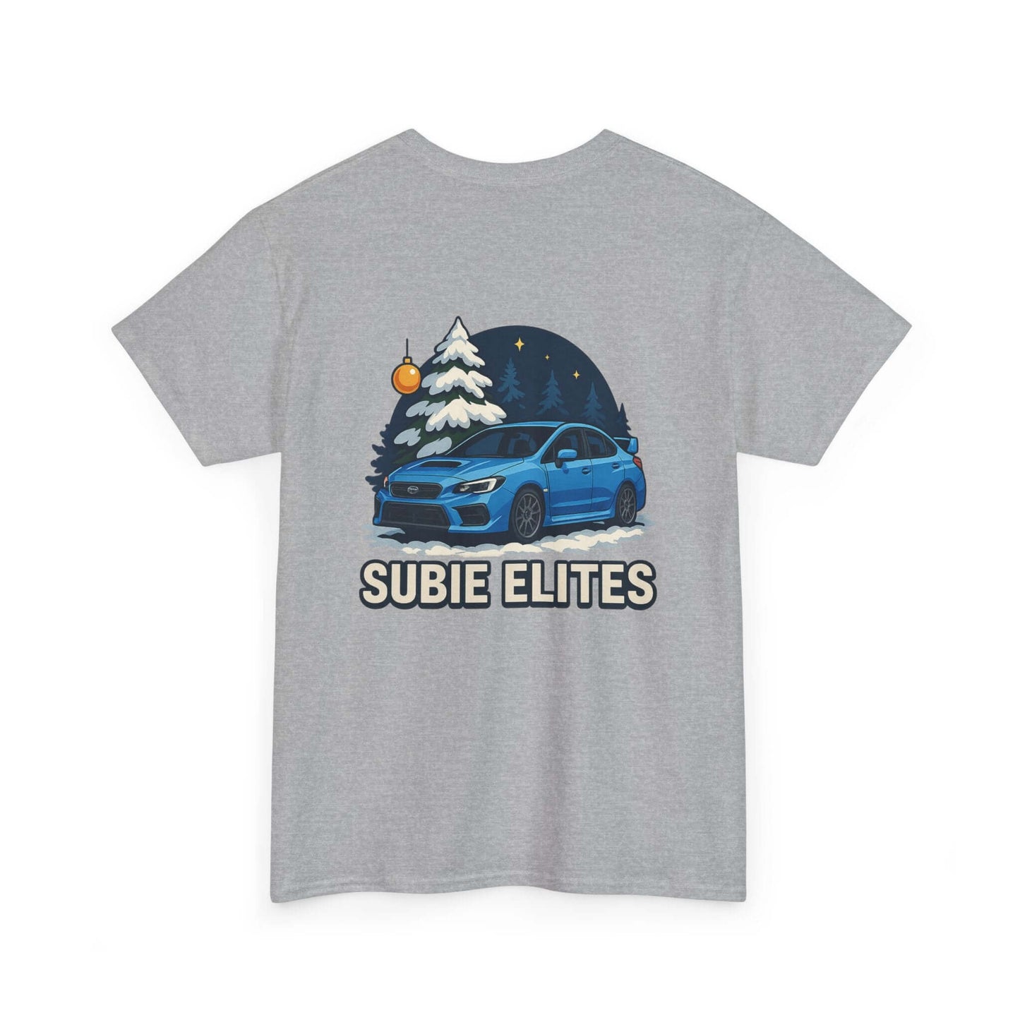 WRX HOLIDAY T-SHIRT featuring a blue Subaru design with holiday trees and the text SUBIE ELITES on a t-shirt.
