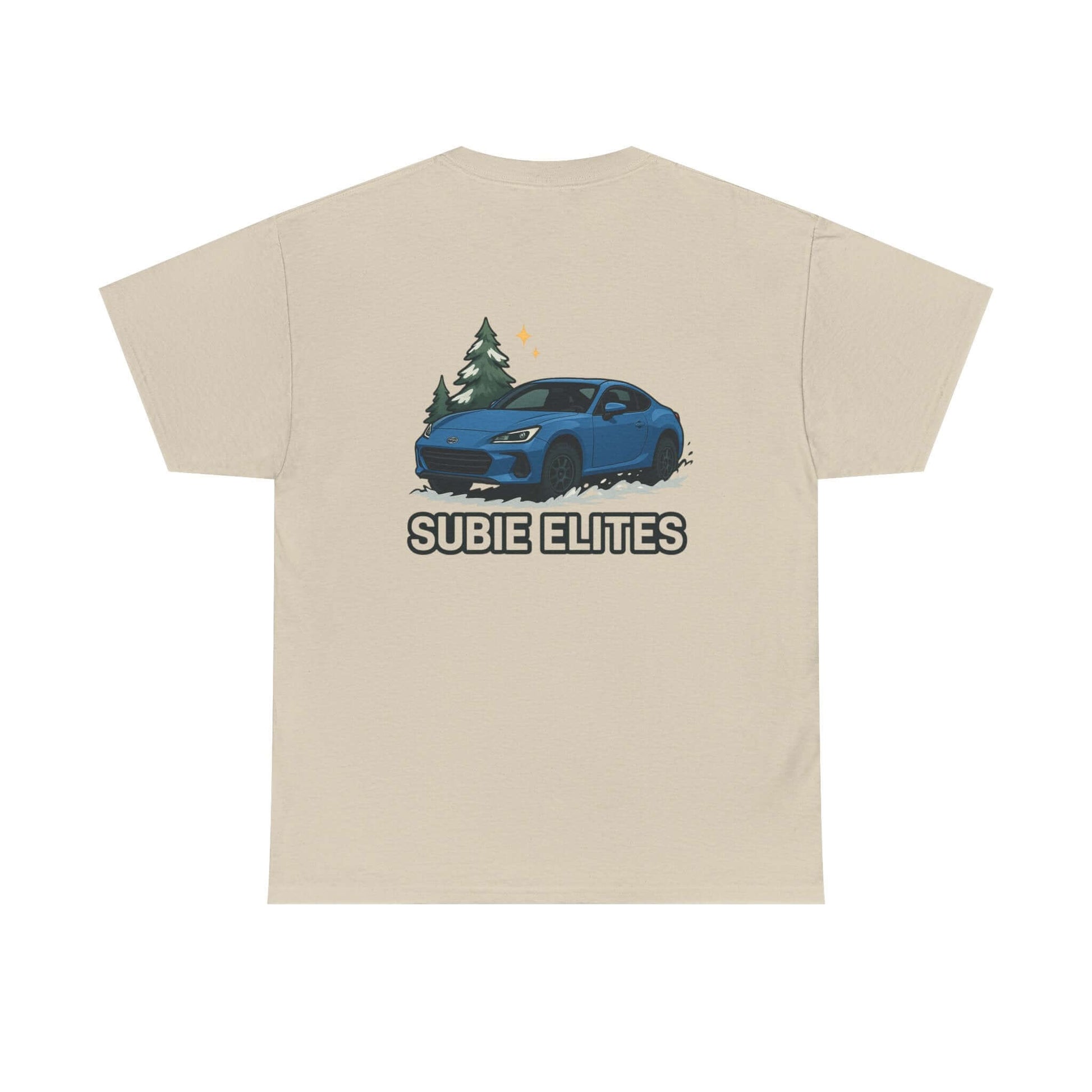 BRZ HOLIDAY T-SHIRT featuring a blue Subaru coupe under evergreen trees with 'SUBIE ELITES' text on the back.
