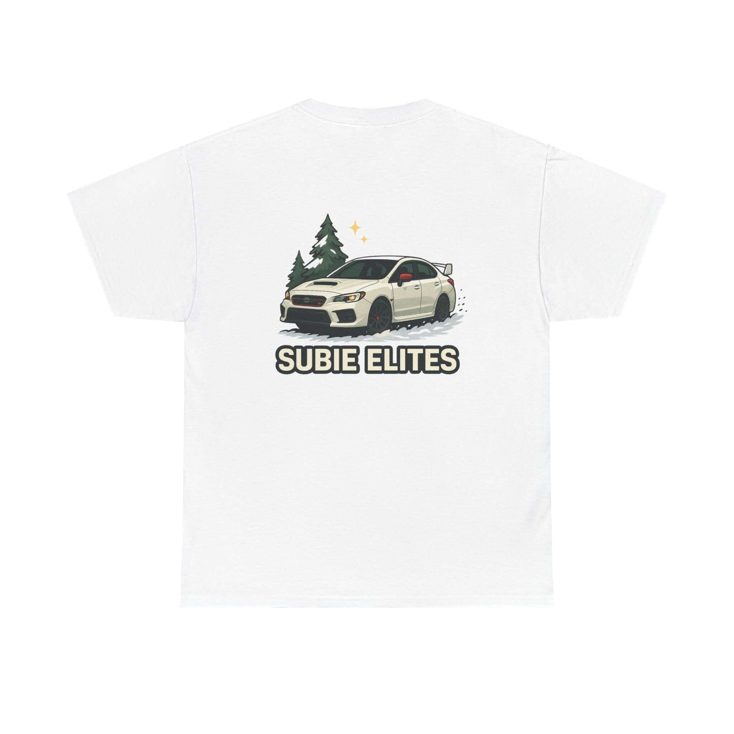 Subie Elites T-Shirt —WRX/STI Car Club Graphic Tee featuring a Subaru and pine trees on the back design.