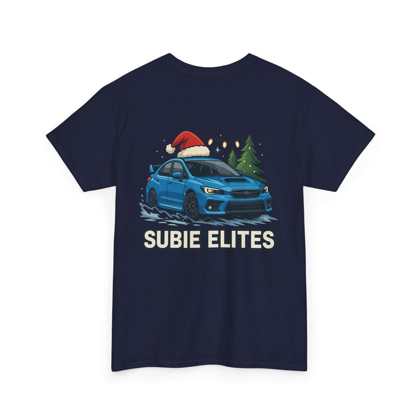 Subie Elites Holiday Car Tee — Blue Subaru Christmas Graphic Shirt