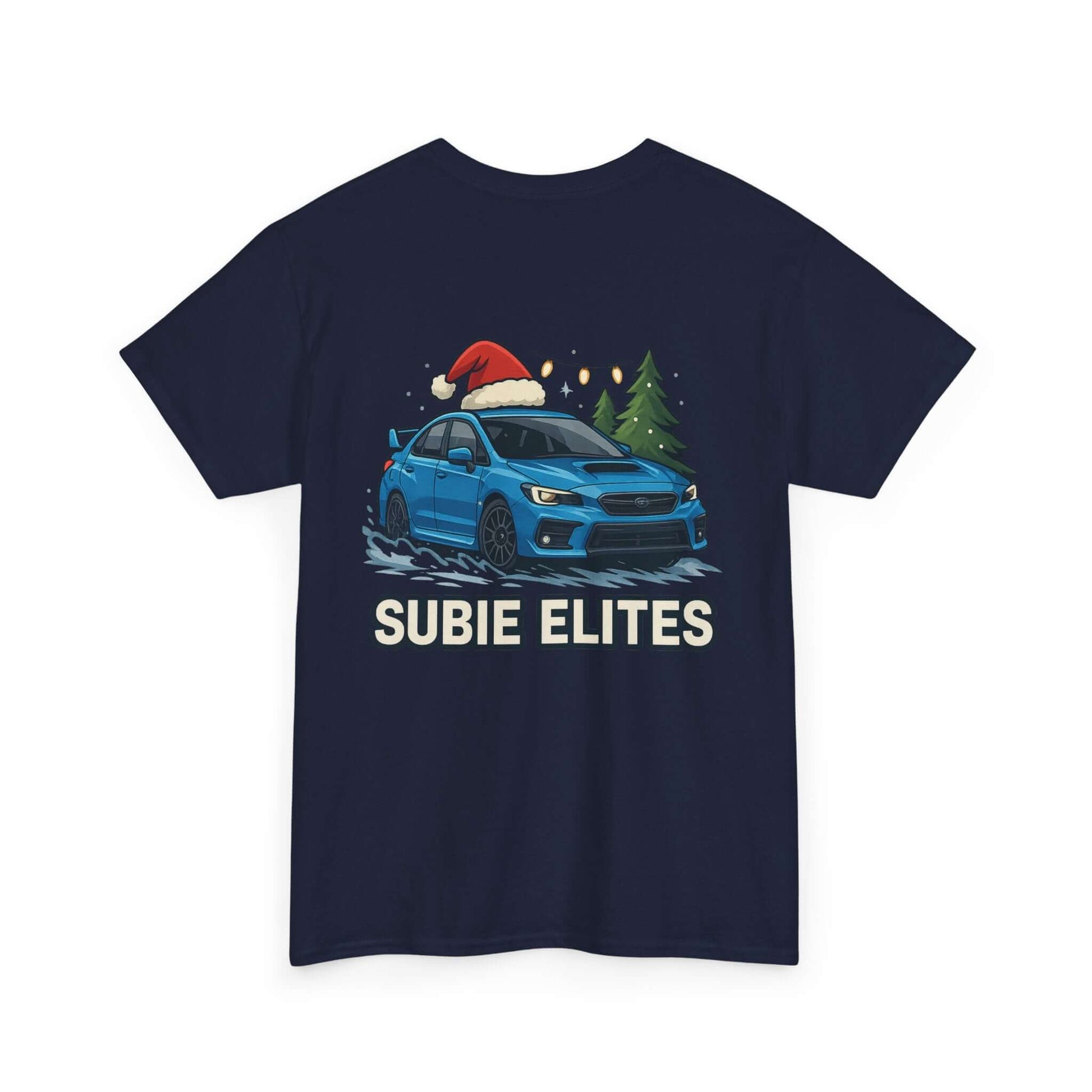 Subie Elites Holiday Car Tee — Blue Subaru Christmas Graphic Shirt