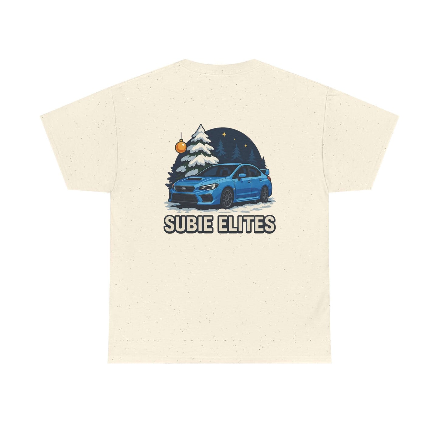 WRX HOLIDAY T-SHIRT featuring a blue Subaru design with holiday trees and the text SUBIE ELITES on a t-shirt.