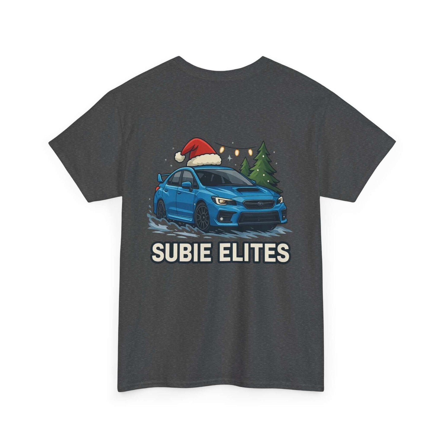 Subie Elites Holiday Car Tee — Blue Subaru Christmas Graphic Shirt