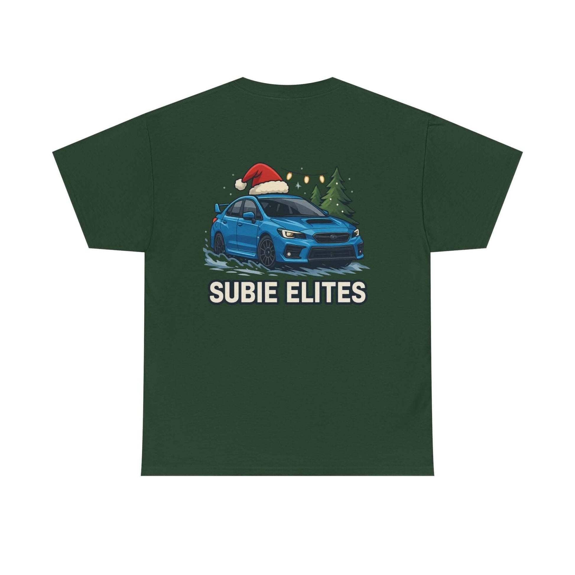 Subie Elites Holiday Car Tee — Blue Subaru Christmas Graphic Shirt