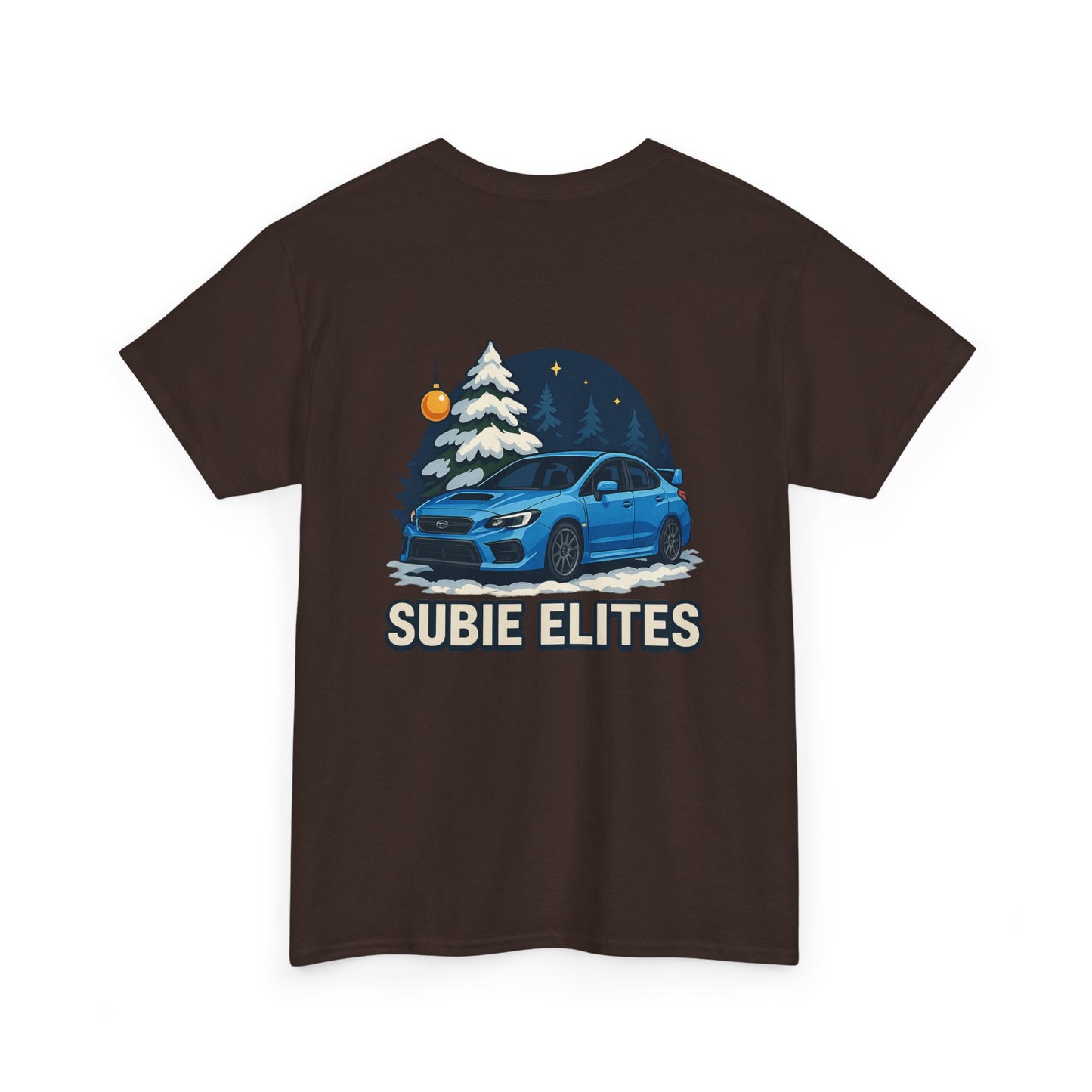 WRX HOLIDAY T-SHIRT featuring a blue Subaru design with holiday trees and the text SUBIE ELITES on a t-shirt.
