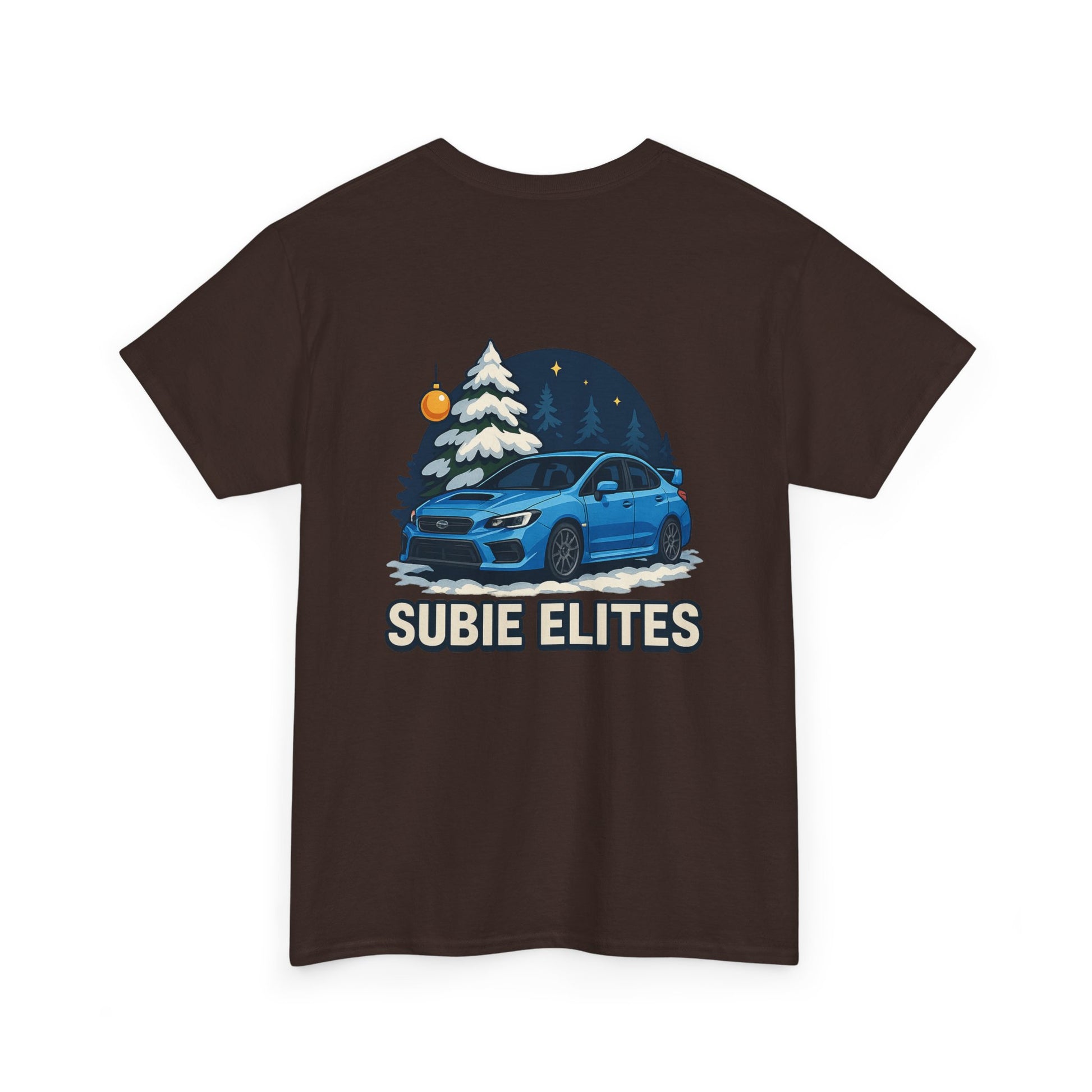 WRX HOLIDAY T-SHIRT featuring a blue Subaru design with holiday trees and the text SUBIE ELITES on a t-shirt.