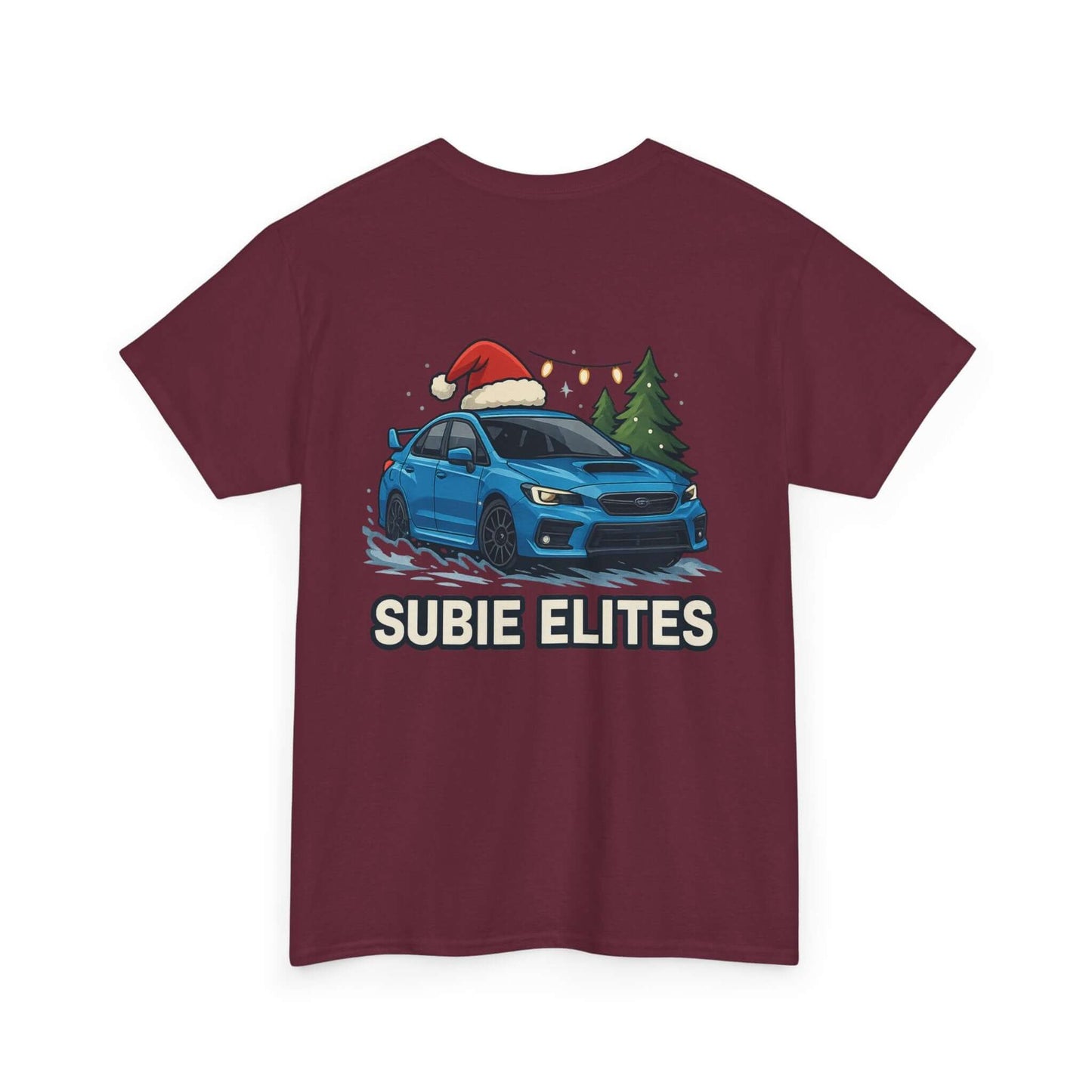 Subie Elites Holiday Car Tee — Blue Subaru Christmas Graphic Shirt