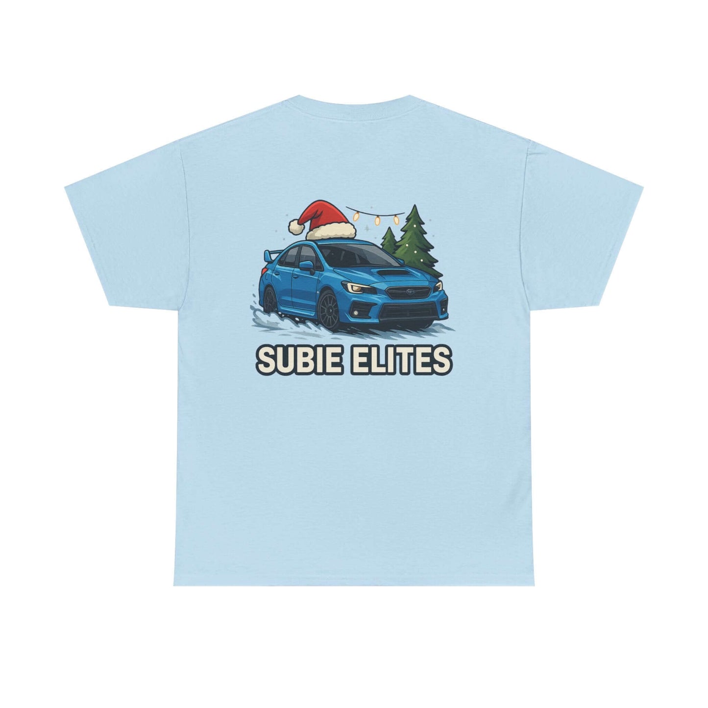 Subie Elites Holiday Car Tee — Blue Subaru Christmas Graphic Shirt