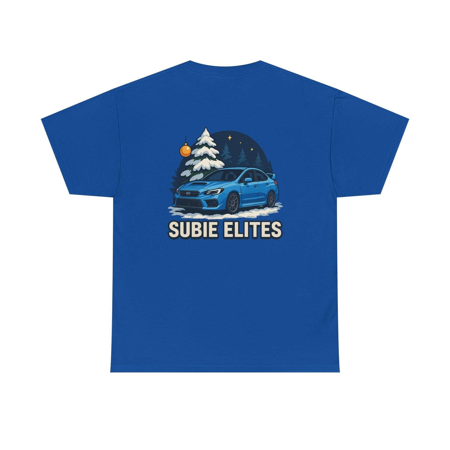 WRX HOLIDAY T-SHIRT featuring a blue Subaru design with holiday trees and the text SUBIE ELITES on a t-shirt.