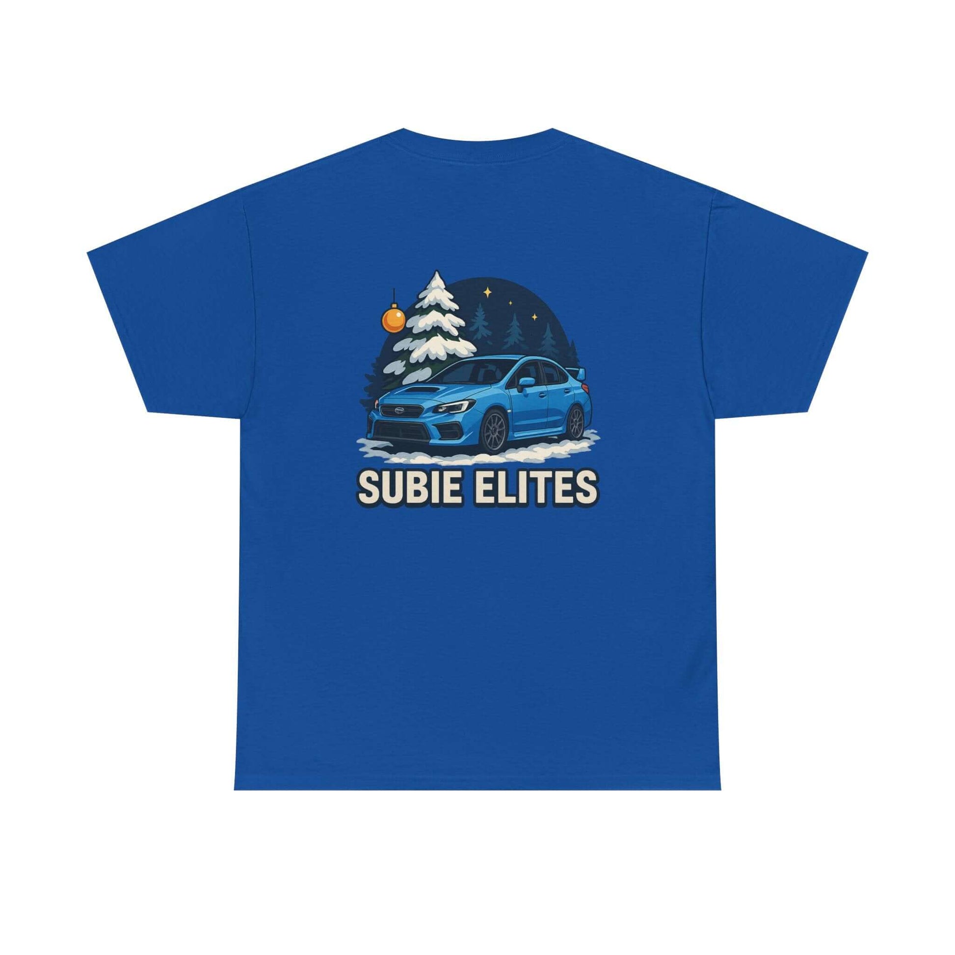 WRX HOLIDAY T-SHIRT featuring a blue Subaru design with holiday trees and the text SUBIE ELITES on a t-shirt.