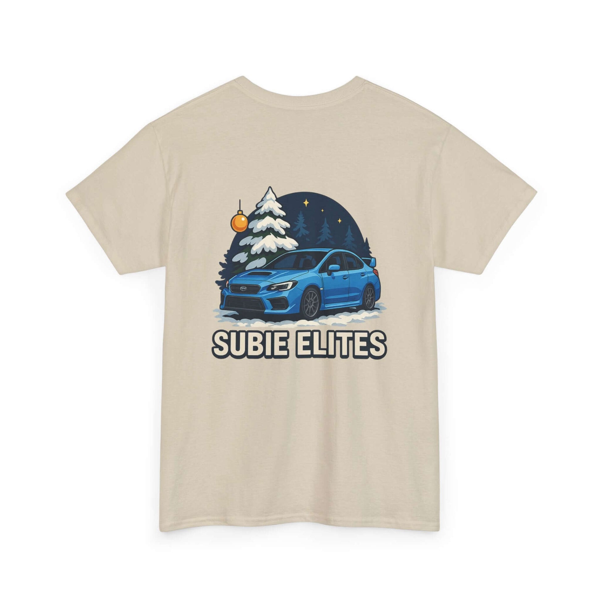 WRX HOLIDAY T-SHIRT featuring a blue Subaru design with holiday trees and the text SUBIE ELITES on a t-shirt.