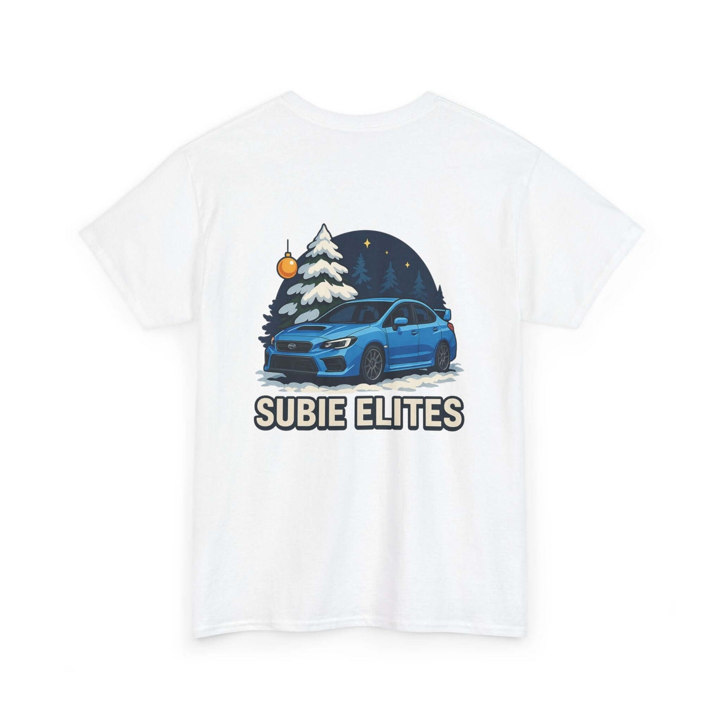 WRX HOLIDAY T-SHIRT featuring a blue Subaru design with holiday trees and the text SUBIE ELITES on a t-shirt.