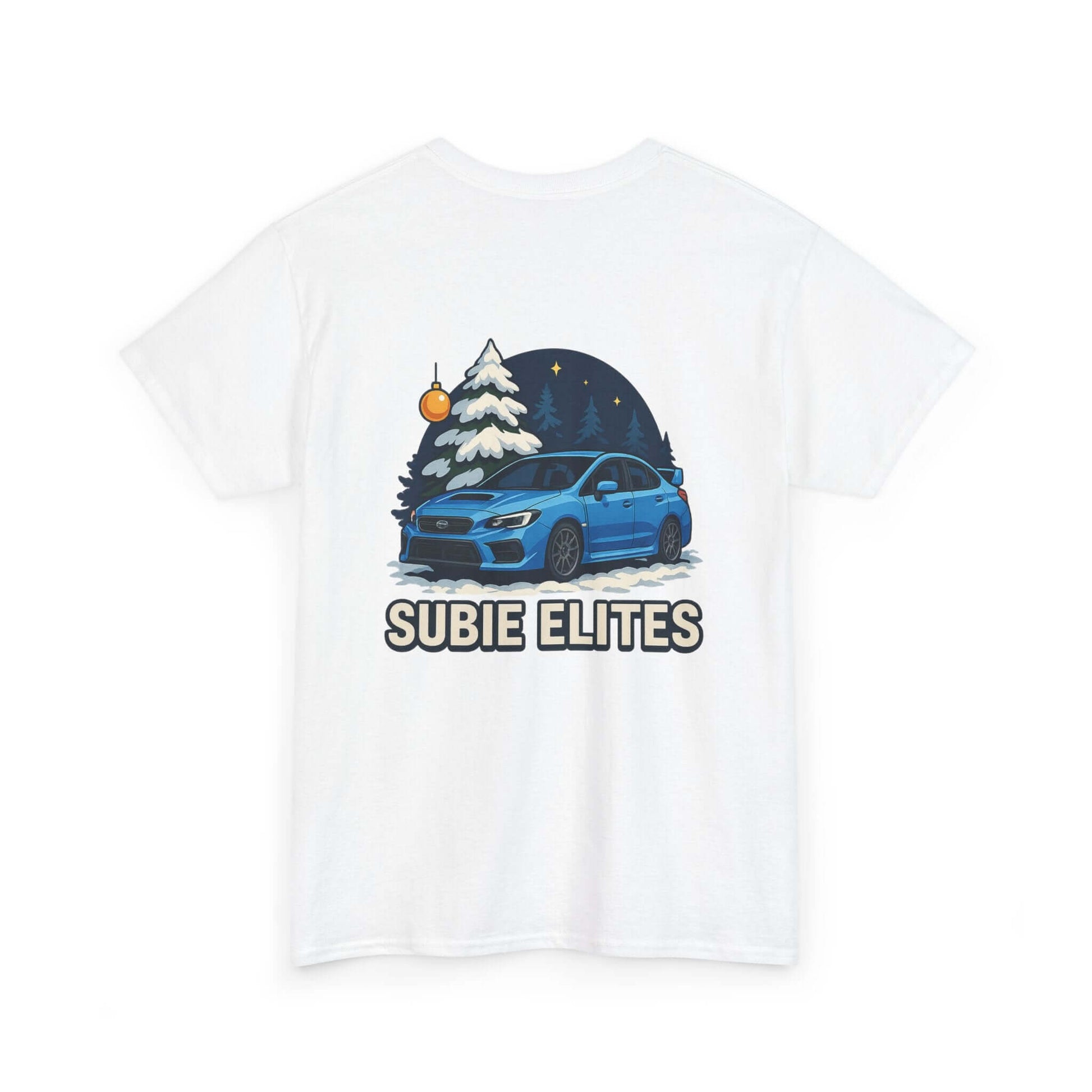 WRX HOLIDAY T-SHIRT featuring a blue Subaru design with holiday trees and the text SUBIE ELITES on a t-shirt.