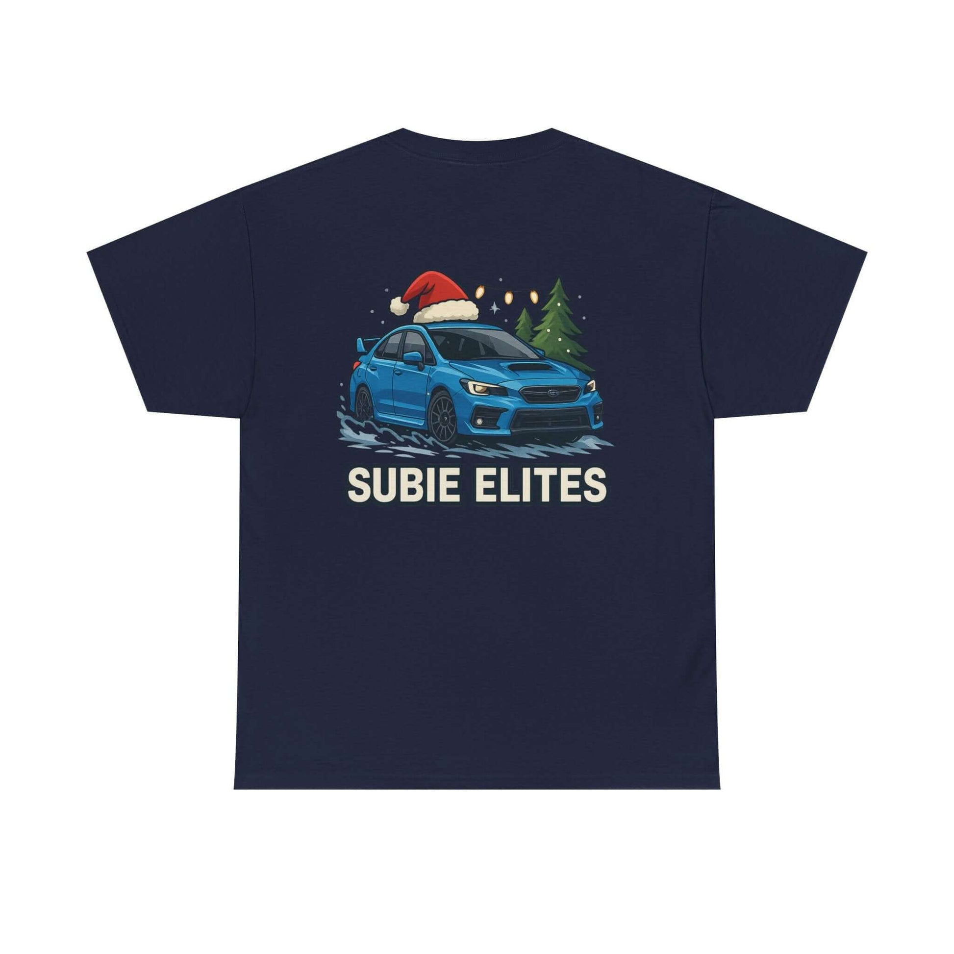 Subie Elites Holiday Car Tee — Blue Subaru Christmas Graphic Shirt