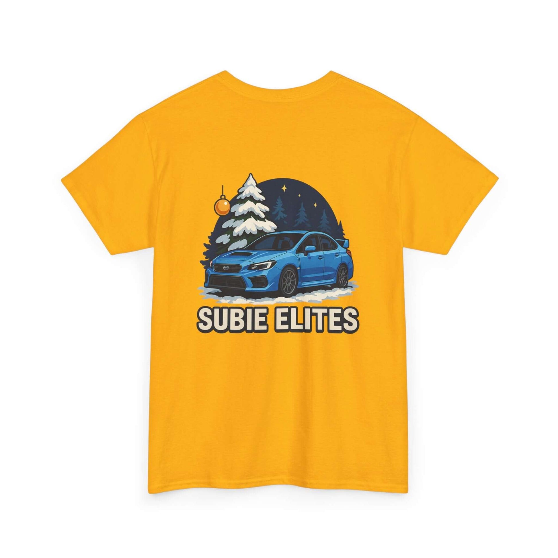 WRX HOLIDAY T-SHIRT featuring a blue Subaru design with holiday trees and the text SUBIE ELITES on a t-shirt.