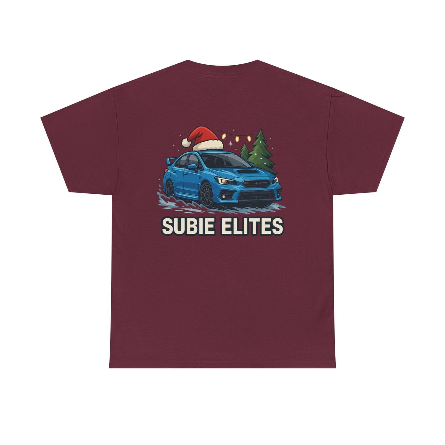 Subie Elites Holiday Car Tee — Blue Subaru Christmas Graphic Shirt