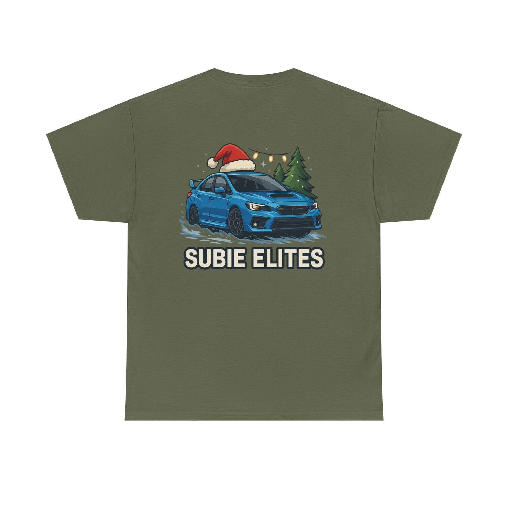 Subie Elites Holiday Car Tee — Blue Subaru Christmas Graphic Shirt