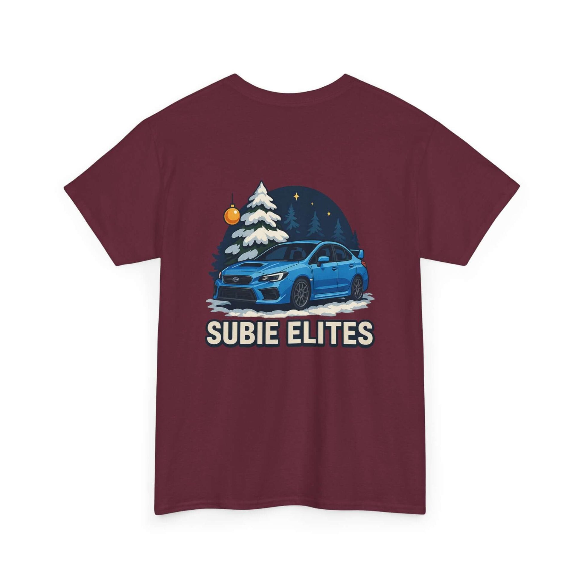 WRX HOLIDAY T-SHIRT featuring a blue Subaru design with holiday trees and the text SUBIE ELITES on a t-shirt.