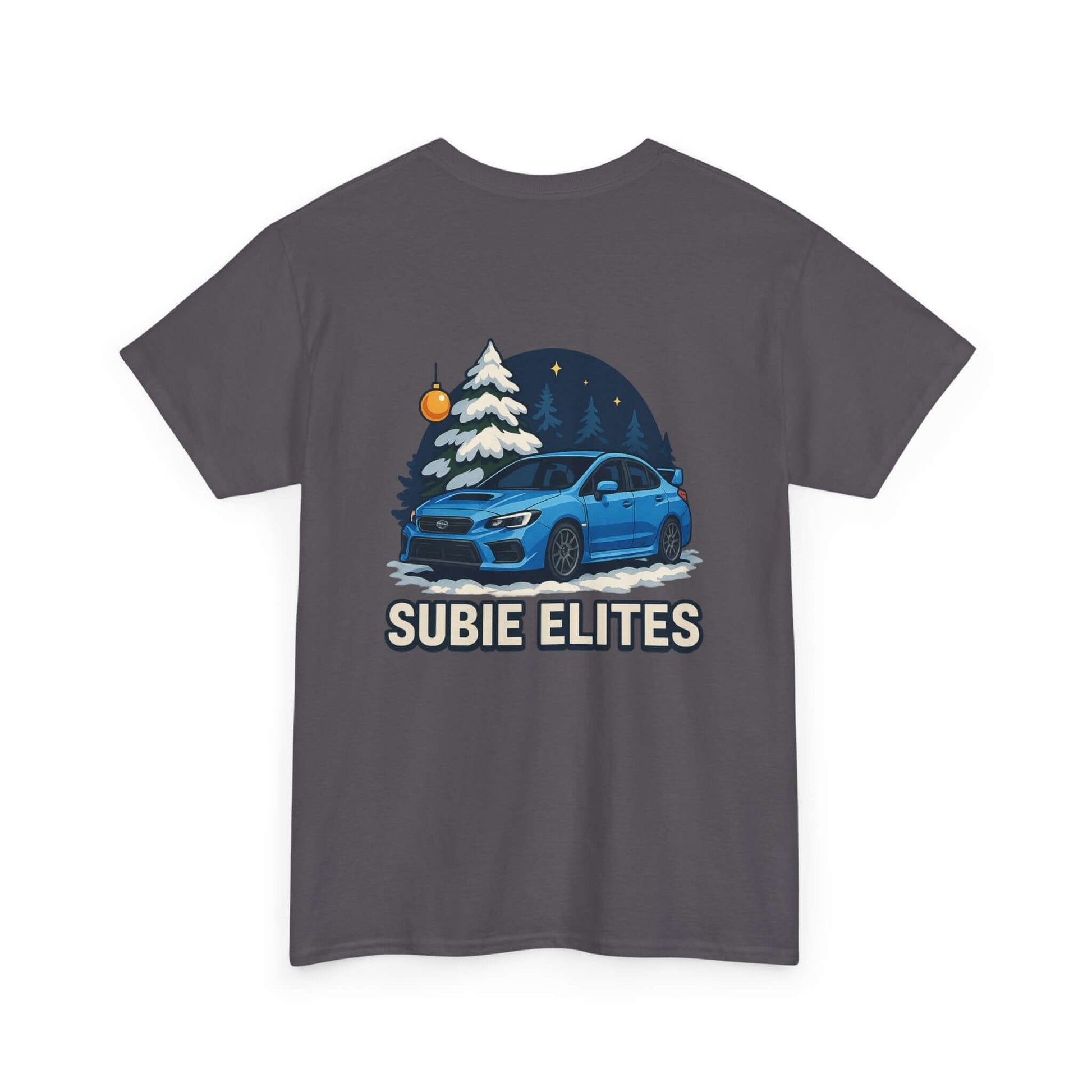 WRX HOLIDAY T-SHIRT featuring a blue Subaru design with holiday trees and the text SUBIE ELITES on a t-shirt.