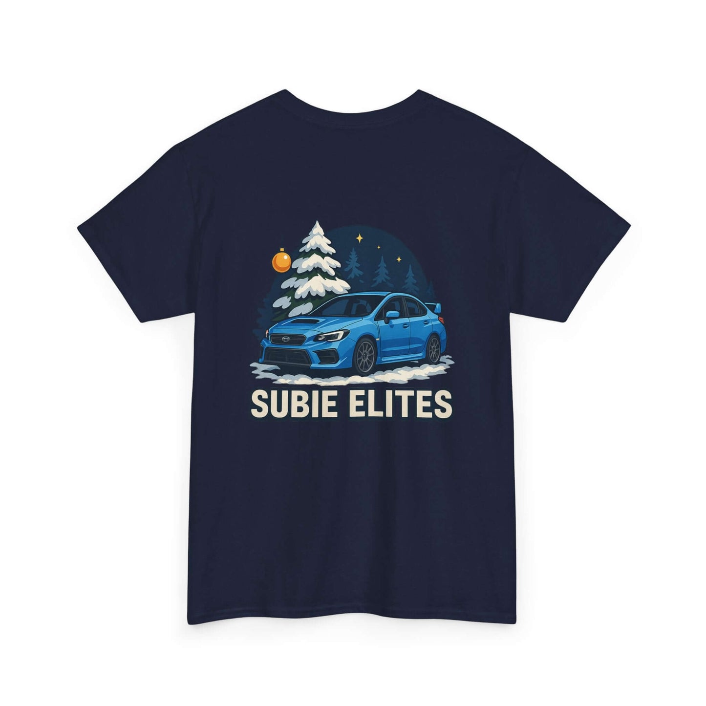 WRX HOLIDAY T-SHIRT featuring a blue Subaru design with holiday trees and the text SUBIE ELITES on a t-shirt.