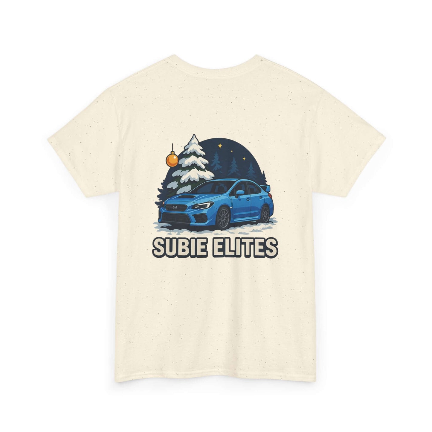 WRX HOLIDAY T-SHIRT featuring a blue Subaru design with holiday trees and the text SUBIE ELITES on a t-shirt.