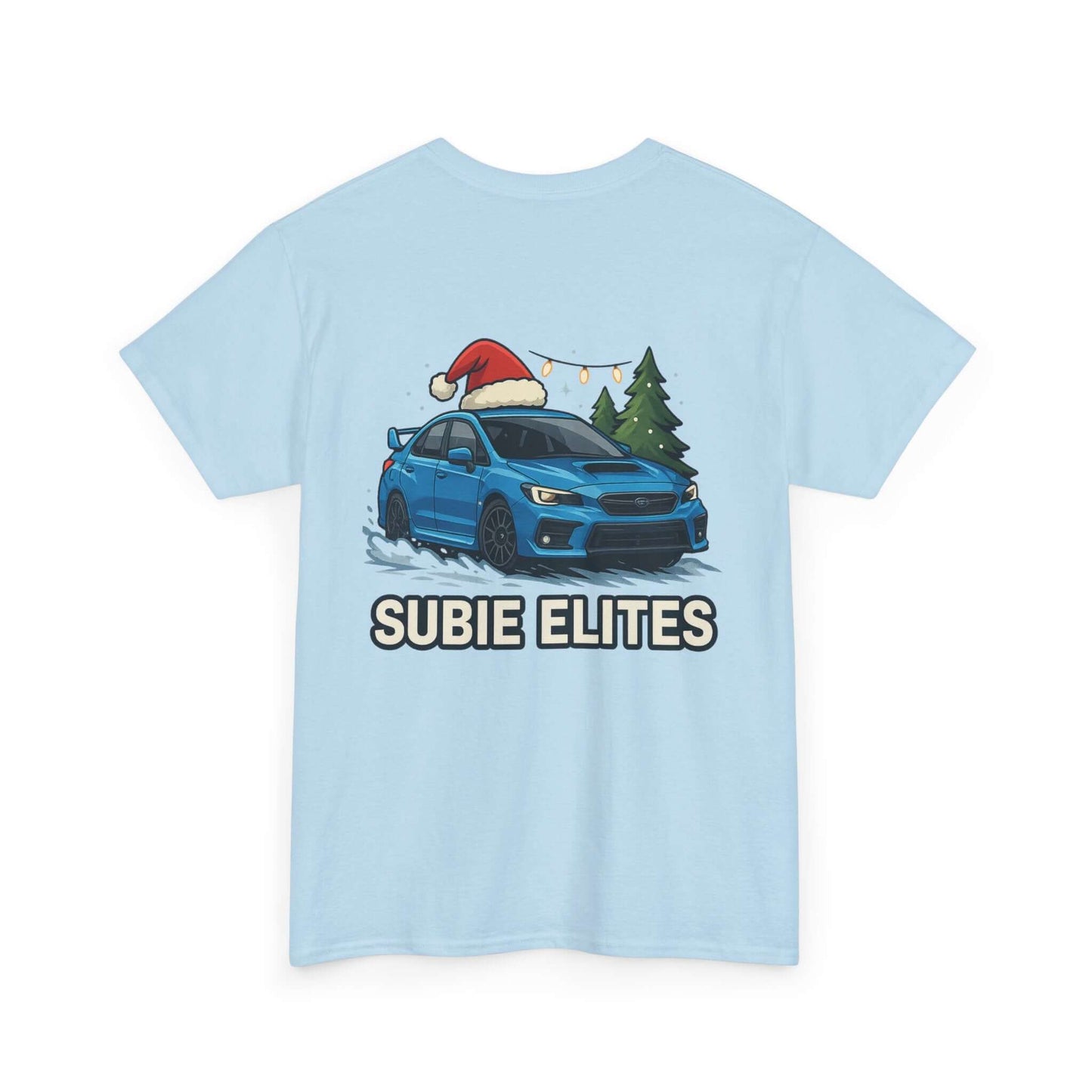 Subie Elites Holiday Car Tee — Blue Subaru Christmas Graphic Shirt
