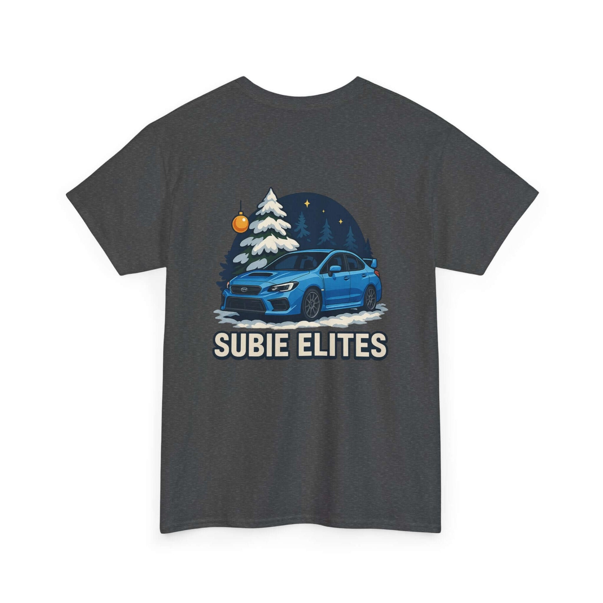 WRX HOLIDAY T-SHIRT featuring a blue Subaru design with holiday trees and the text SUBIE ELITES on a t-shirt.