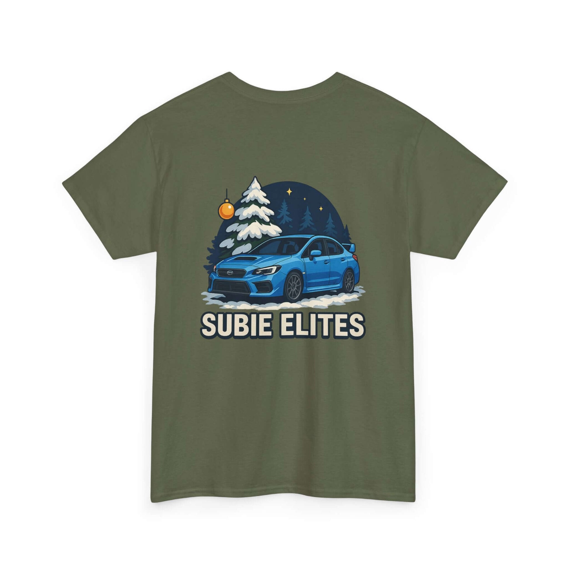 WRX HOLIDAY T-SHIRT featuring a blue Subaru design with holiday trees and the text SUBIE ELITES on a t-shirt.