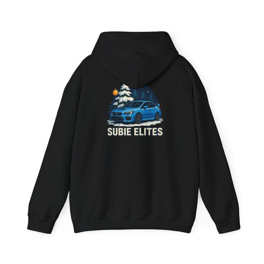 Subaru WRX STI Hoodie featuring blue Subaru illustration and "SUBIE ELITES" text on back.