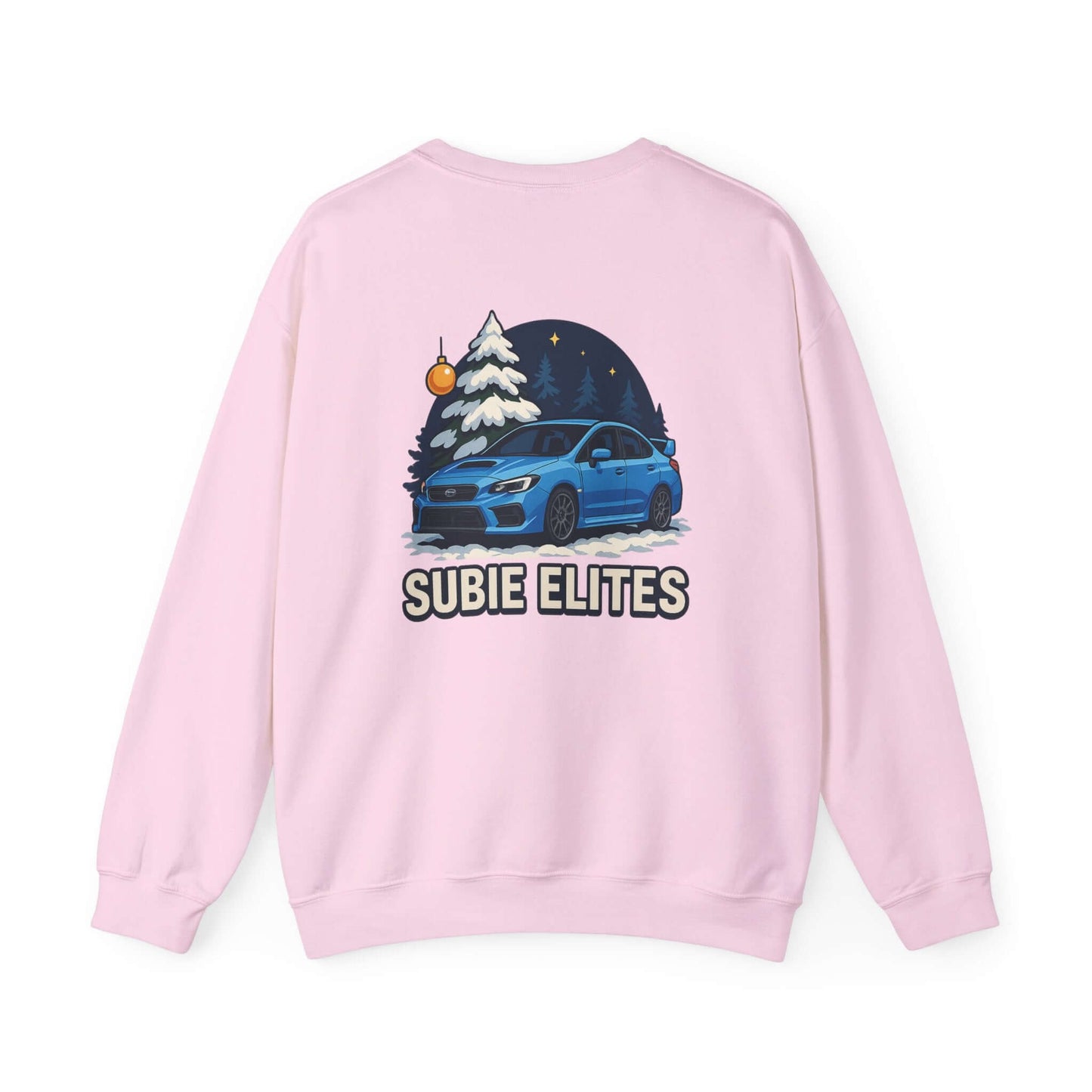 Subaru WRX STI Sweatshirt featuring blue Subaru graphic under snowy pine and night sky.