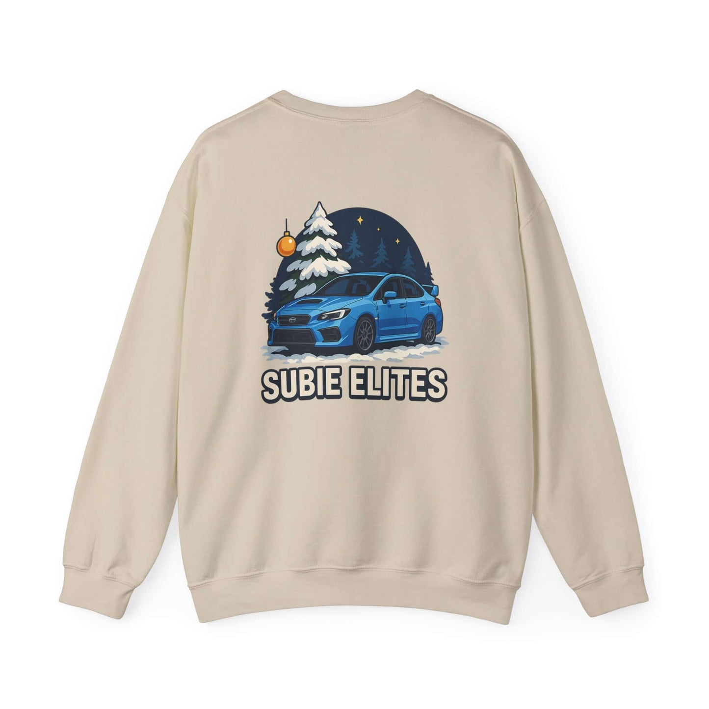 Subaru WRX STI Sweatshirt featuring blue Subaru graphic under snowy pine and night sky.