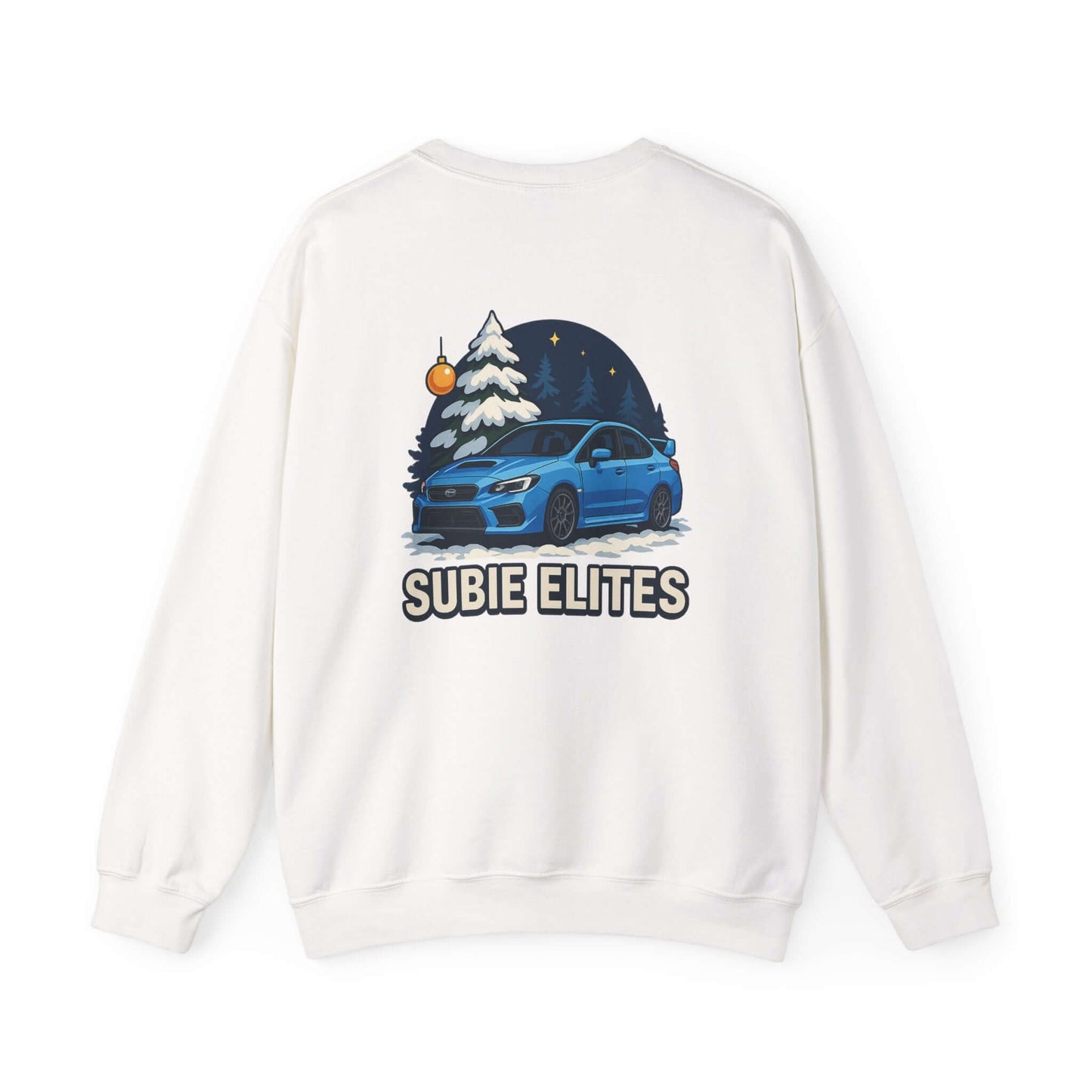 Subaru WRX STI Sweatshirt featuring blue Subaru graphic under snowy pine and night sky.
