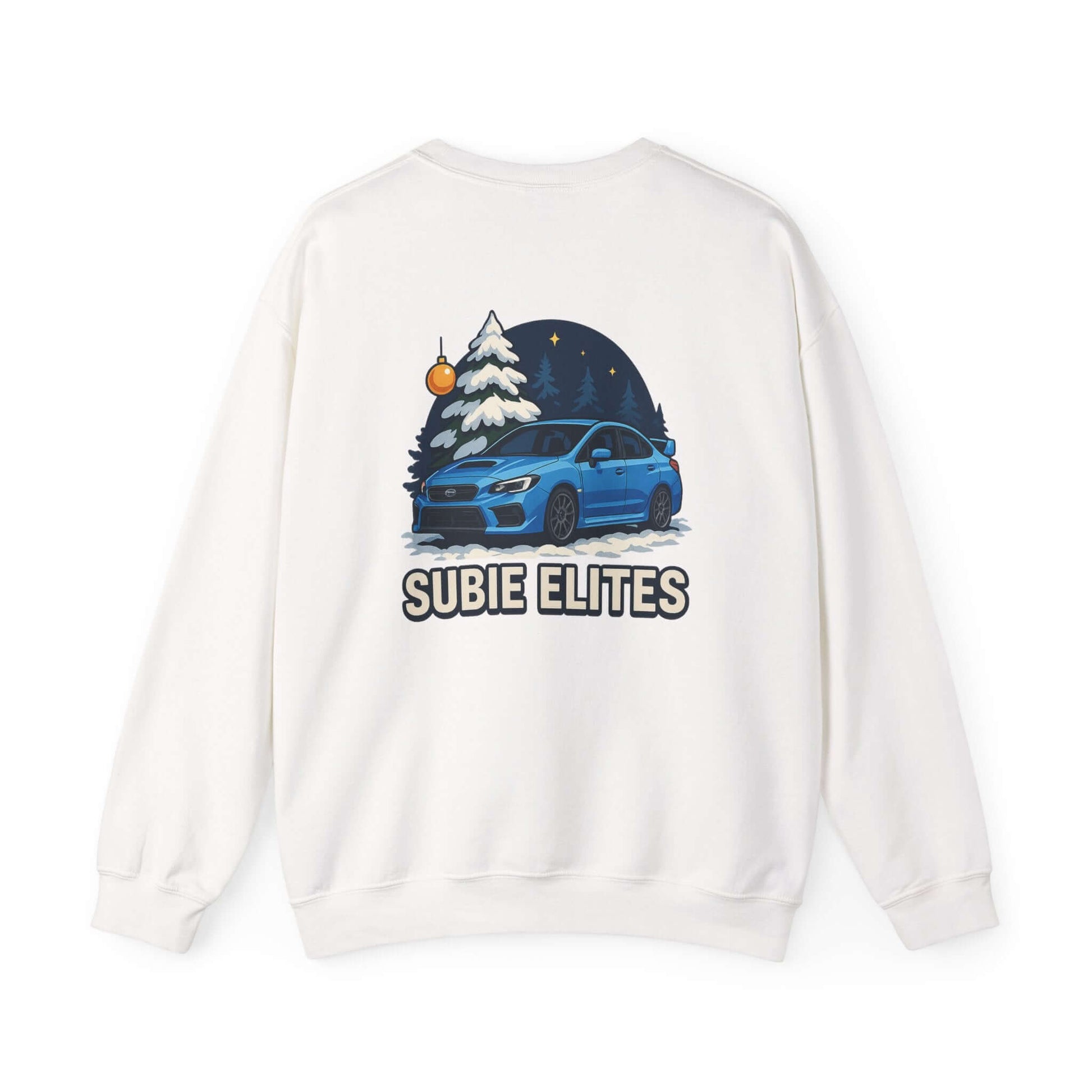 Subaru WRX STI Sweatshirt featuring blue Subaru graphic under snowy pine and night sky.