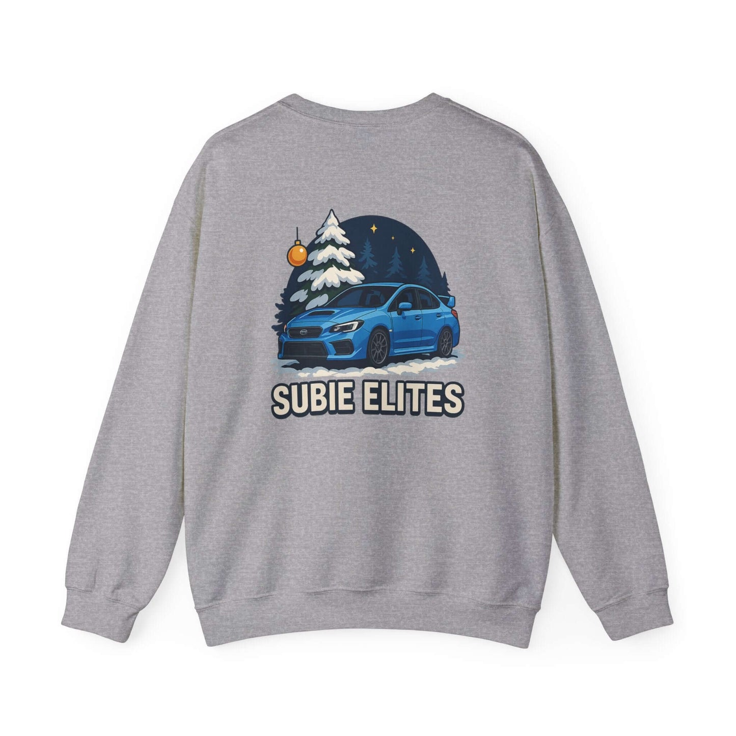 Subaru WRX STI Sweatshirt featuring blue Subaru graphic under snowy pine and night sky.