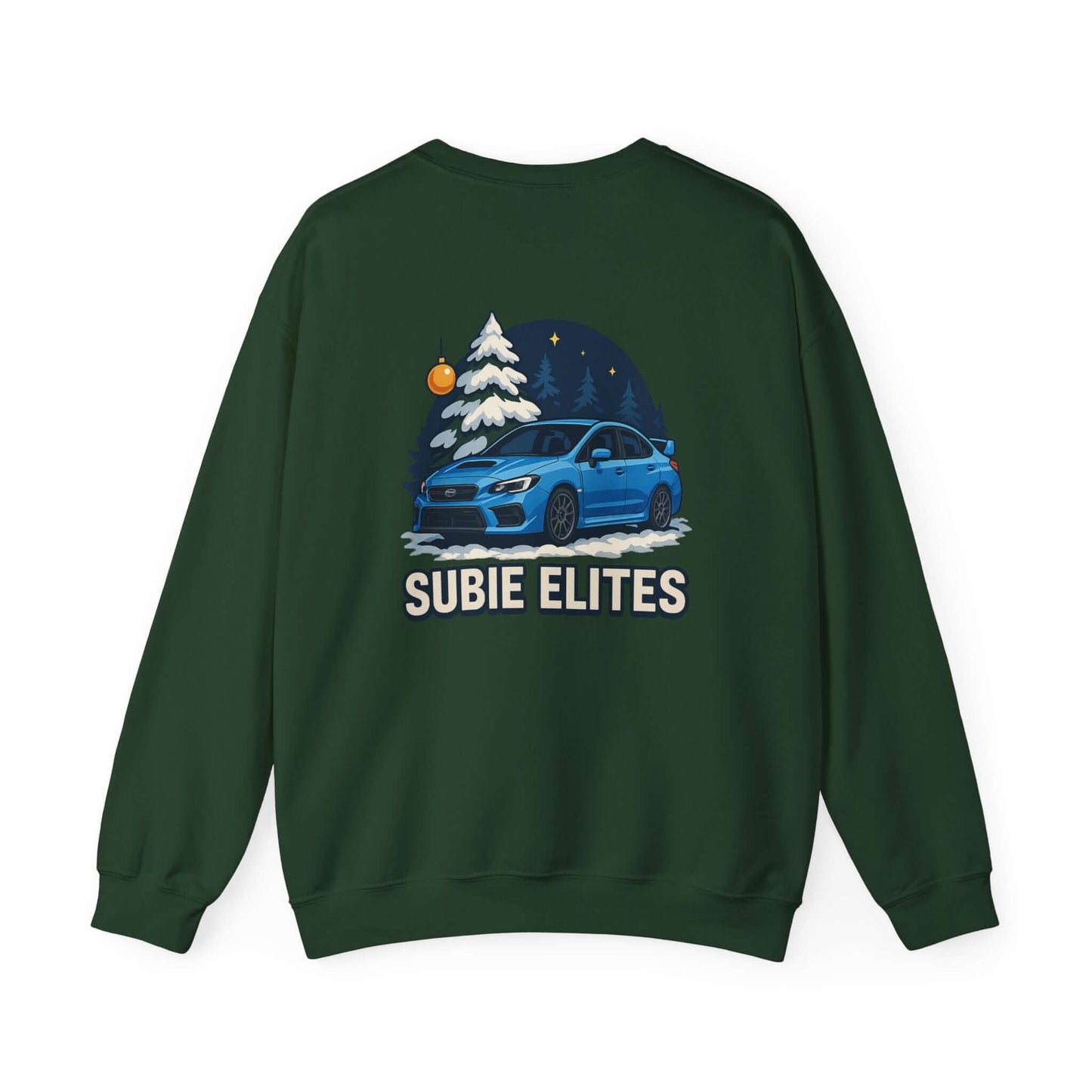 Subaru WRX STI Sweatshirt featuring blue Subaru graphic under snowy pine and night sky.