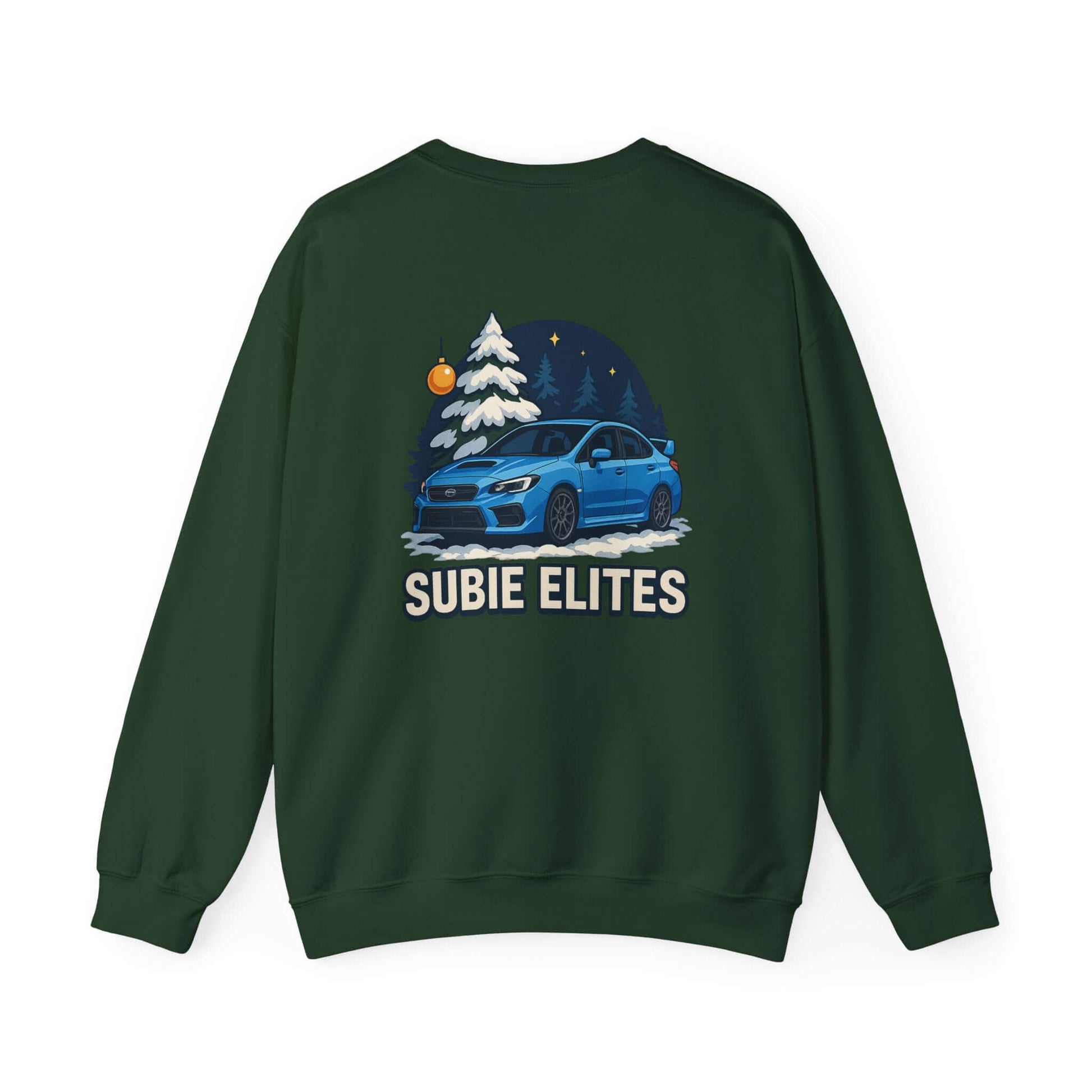 Subaru WRX STI Sweatshirt featuring blue Subaru graphic under snowy pine and night sky.