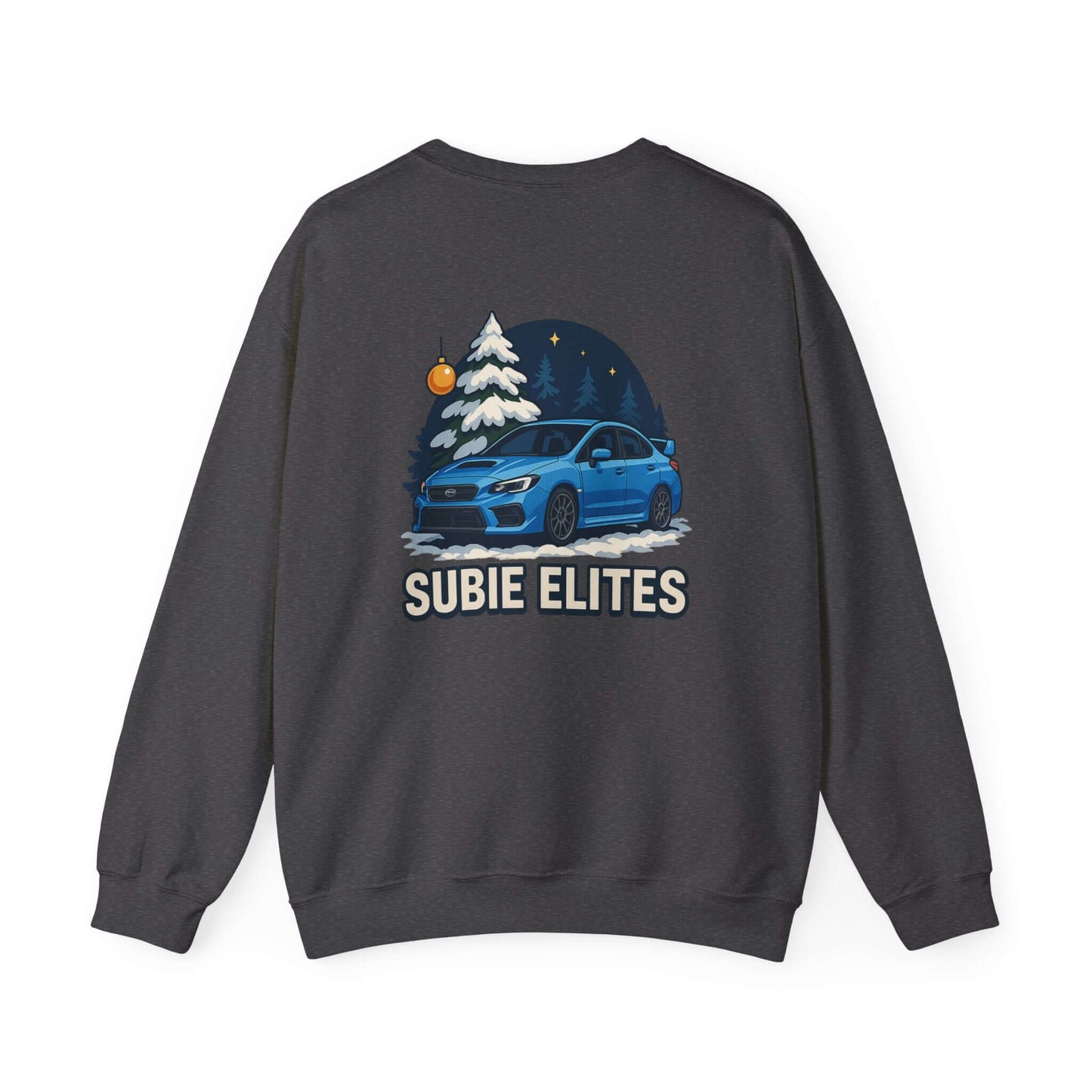 Subaru WRX STI Sweatshirt featuring blue Subaru graphic under snowy pine and night sky.