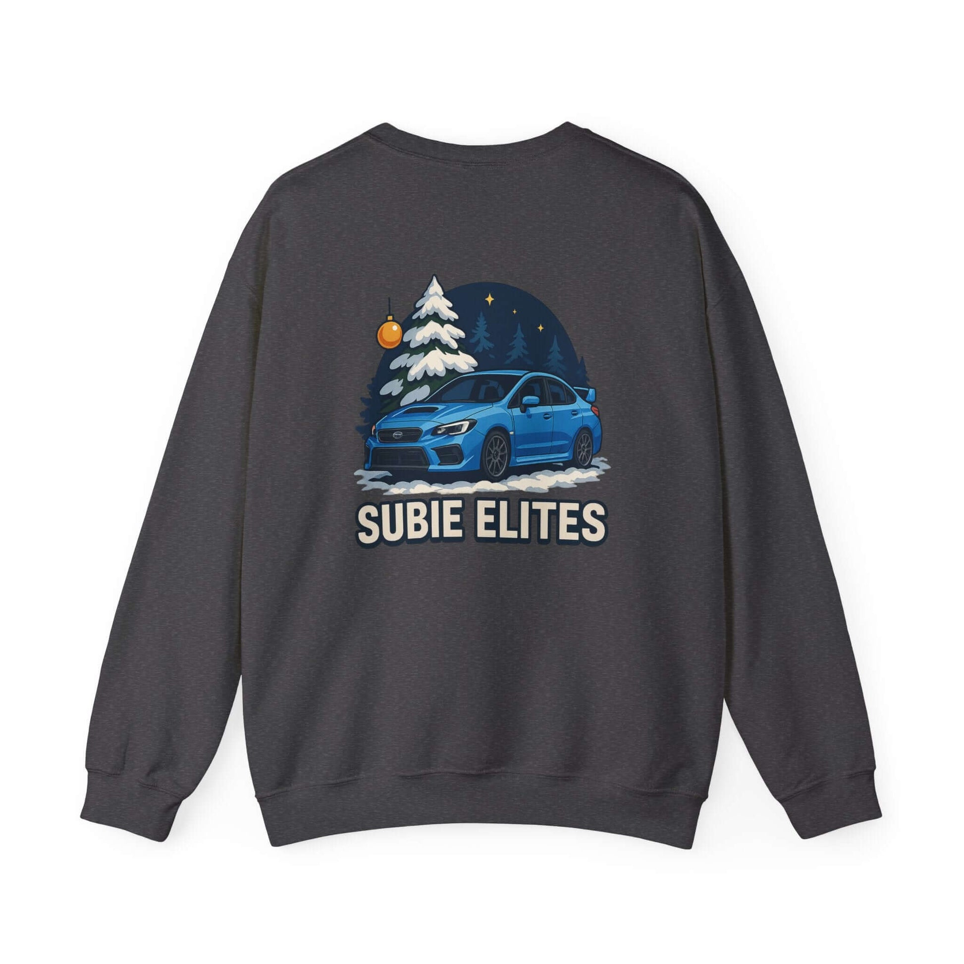 Subaru WRX STI Sweatshirt featuring blue Subaru graphic under snowy pine and night sky.